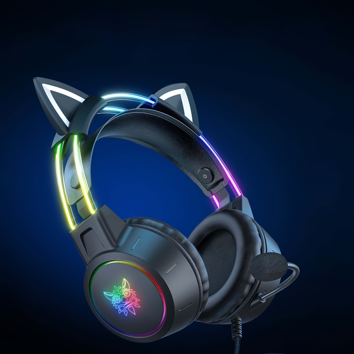1pc ONIKUMA Wired Gaming Headset with Dynamic RGB Lighting, Detachable Cat Ear Design, 3.5mm Jack, Surround Sound, Mic Function - No Battery Required