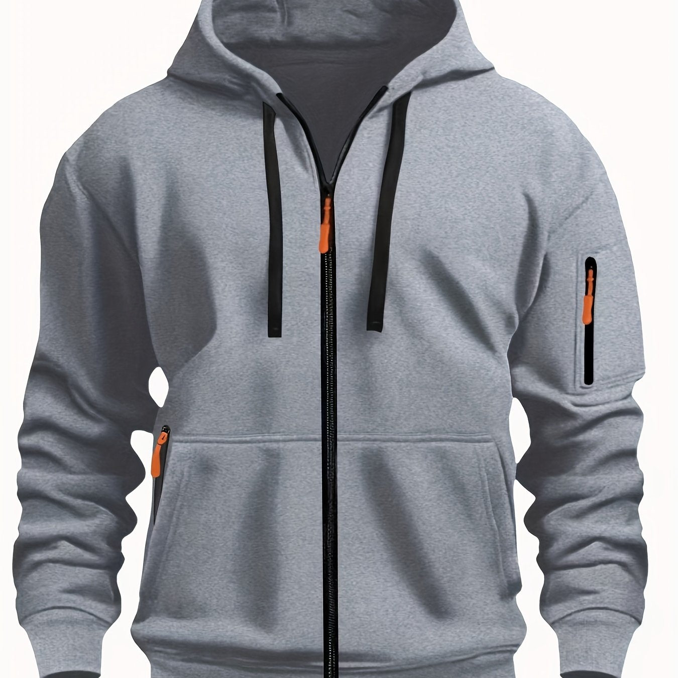 Men's Sporty Zip-Up Hoodie Jacket - Vibrant Orange with Black Zipper Accents, Polyester-Lined Comfort, Machine Washable Regular Fit for Autumn Winter Casual Outdoor Wear, Autumn Apparel