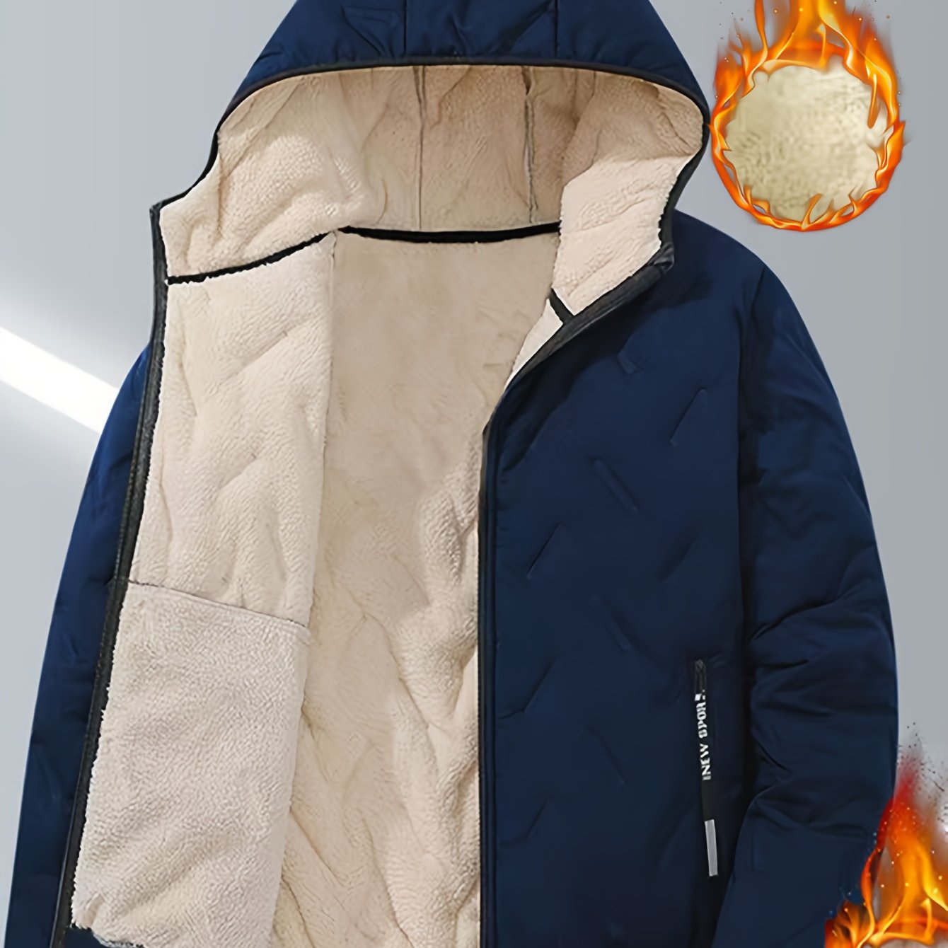 Men'S Winter Warm Fleece-Lined Zip-Up Hooded Jacket with Pockets - Navy Blue & Beige Color Block, Comfortable Polyester Fabric, Ideal for Outdoor Activities, Running, and Casual Wear, Winter Jacket