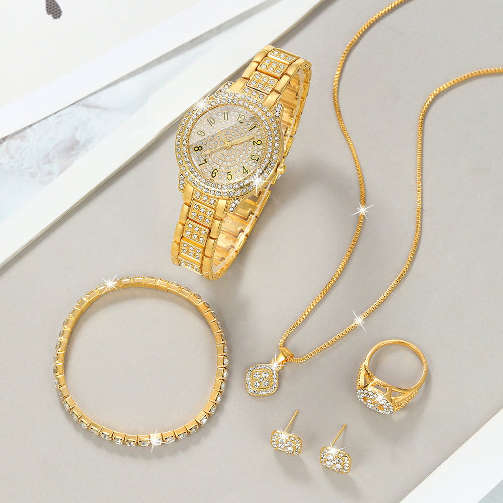 1 Round Elegant Business Casual Quartz Watch and 6 Jewelry Pieces - Perfect for Casual Attire and Gift Occasions, Birthday Gifts and Holiday Parties, Ideal for Women, Ladies, Family, Friends, Spouse, Mother