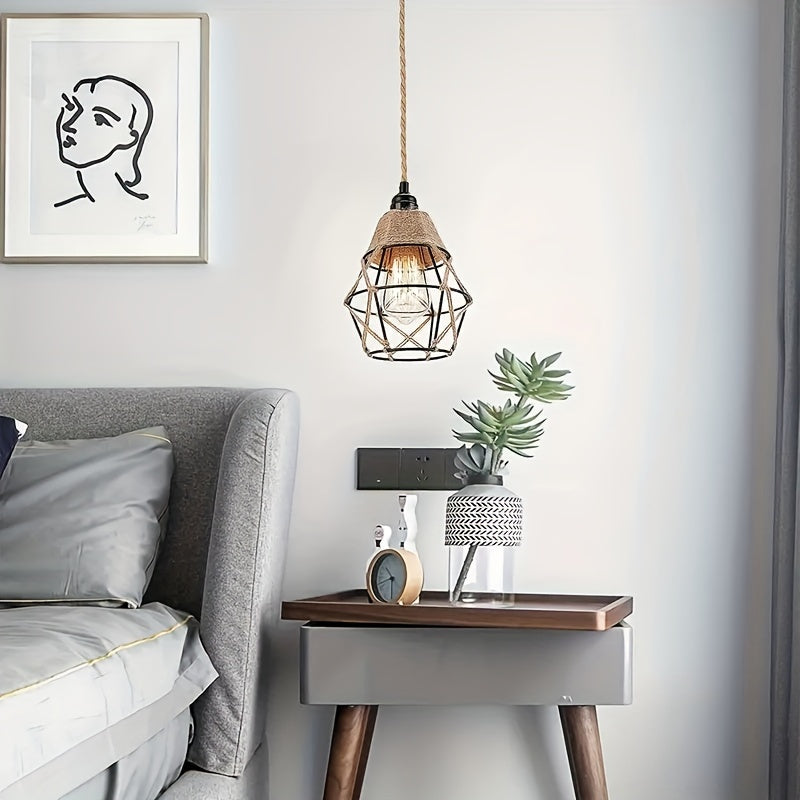 11.5ft Industrial Plug-In Pendant Light with On/Off Switch, Hemp Rope Hanging Lamp for Kitchen Island, Bedroom & Living Room, Metal Shade, Semi-Flush Mount, US Plug, Detachable Chandelier, Living Room Lighting | Natural Hemp