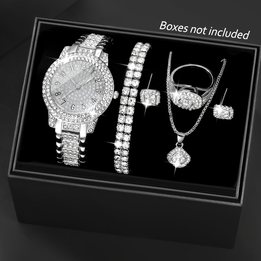 1 Round Elegant Business Casual Quartz Watch and 6 Jewelry Pieces - Perfect for Casual Attire and Gift Occasions, Birthday Gifts and Holiday Parties, Ideal for Women, Ladies, Family, Friends, Spouse, Mother