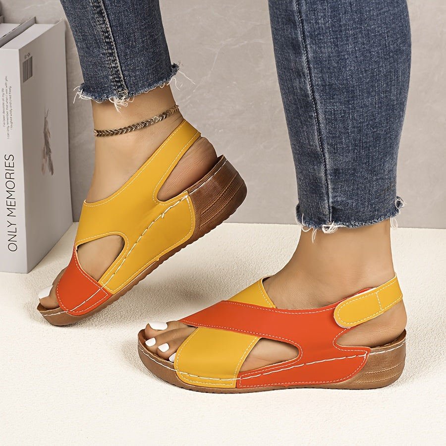Women'S Color-Block Wedge Sandals - Open-Toe Summer Beach Shoes with Adjustable Hook-and-Loop Straps, Comfortable PU Upper & Cushioned Insole for Outdoor Wear, Strappy Sandals, Beach Footwear, Stylish Wedge Design, Durable Tr