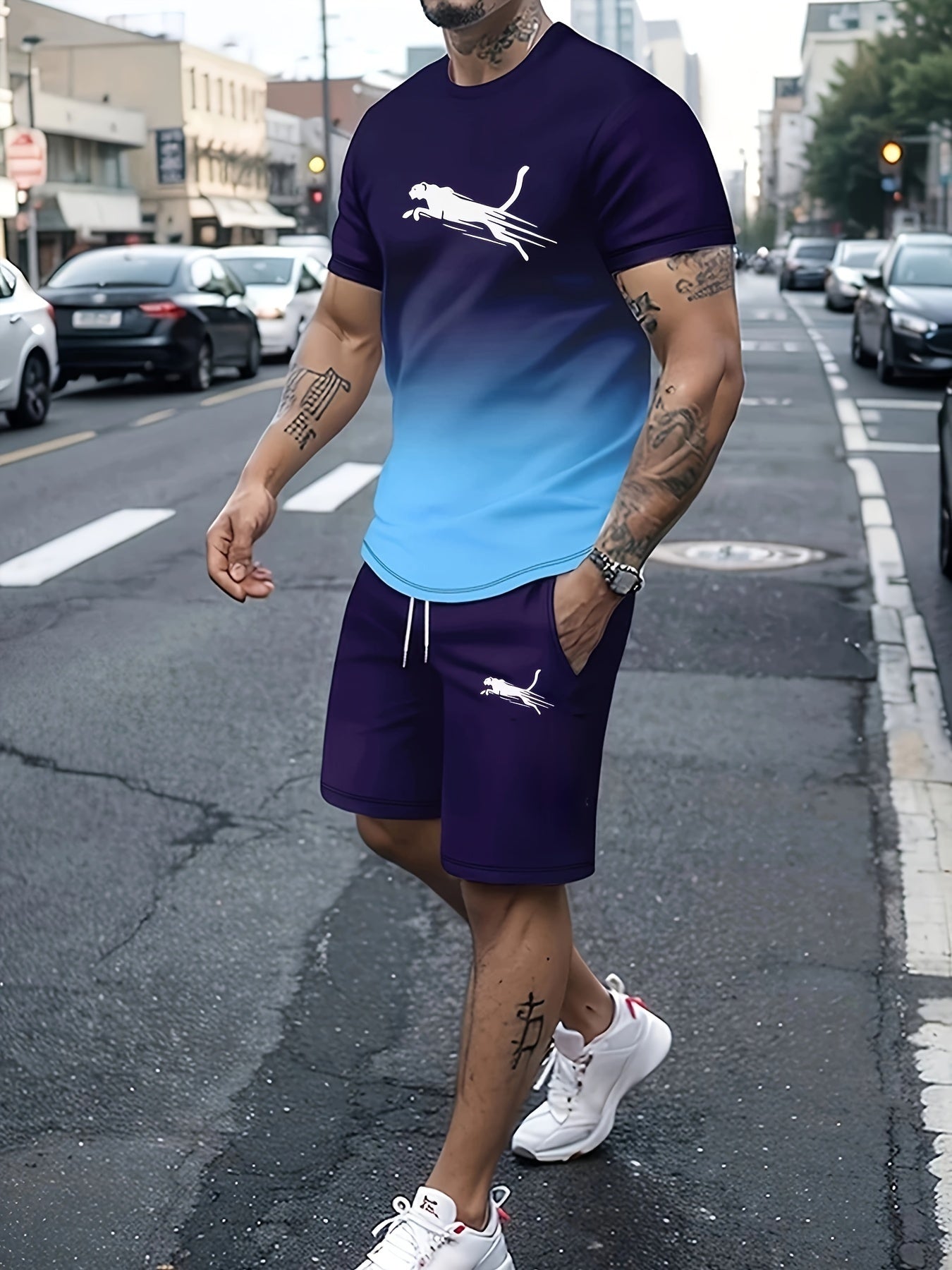 2pcs 2-Piece Gradient Summer Men's Set: Round Neck T-shirt & Elastic Waist Shorts with Pockets