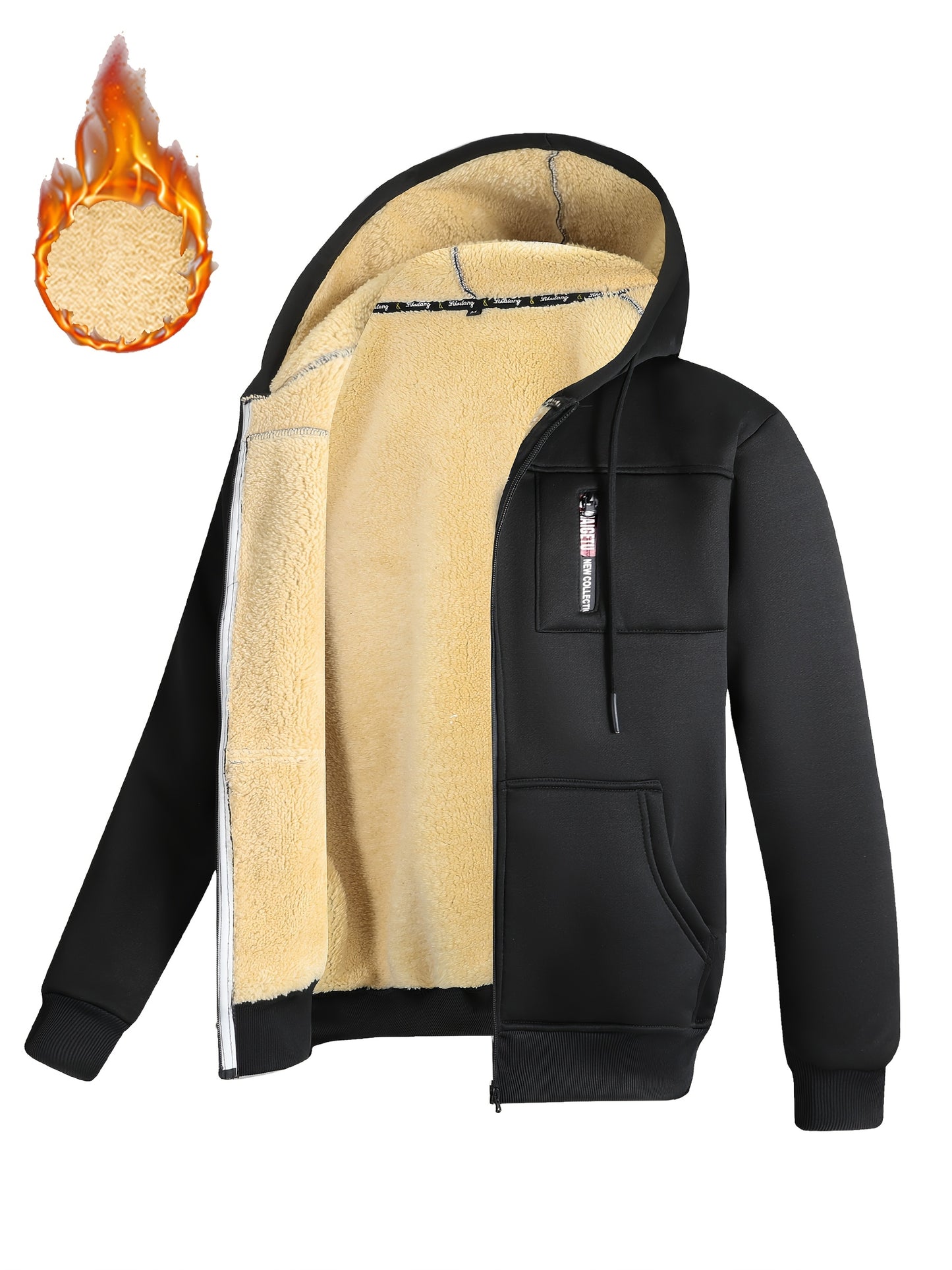 A Men's casual sports warm fleece hooded jacket with zipper opening and pocket, suitable for outdoor and training activities, autumn and winter clothing | casual style hooded sweatshirt | zipper hooded sweatshirt, Fleece Jack