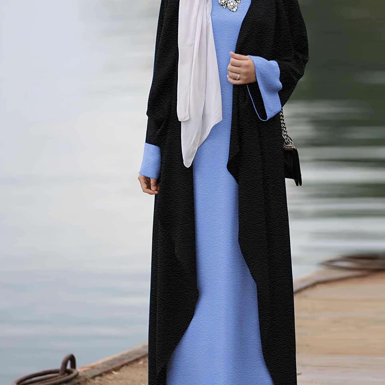 Women's Middle Eastern Muslim Solid Color Long Dress + Robe Jacket Two-Piece Set