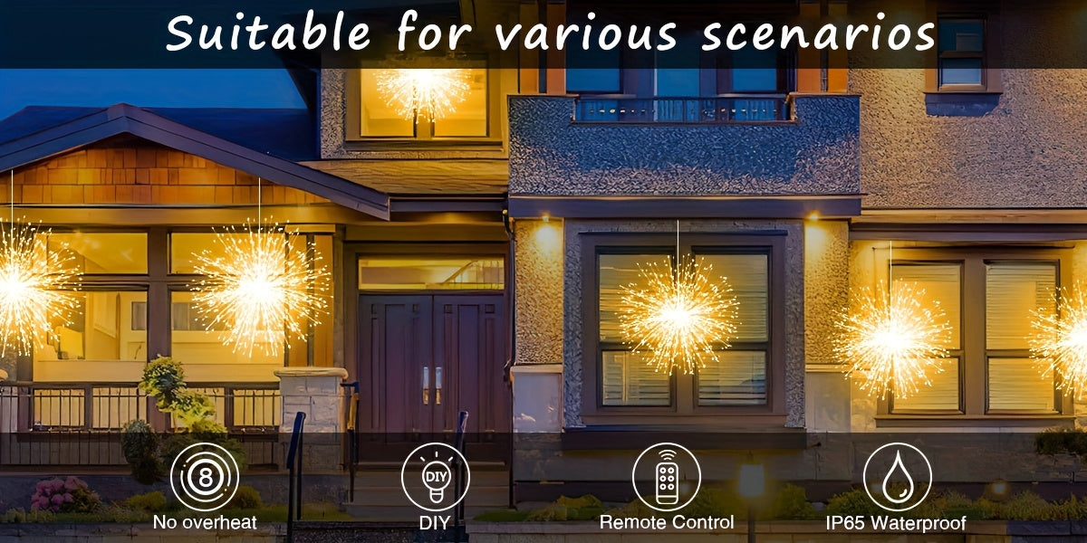 5pcs 450LED Solar Starburst Lanterns with Remote Timer - 8 Modes, Adjustable Brightness, Fairy Lights for Yard, Party Tents, Christmas, and More - Pure Copper Wire, 1200mAh Lithium Battery, Outdoor Lighting | Starburst Design