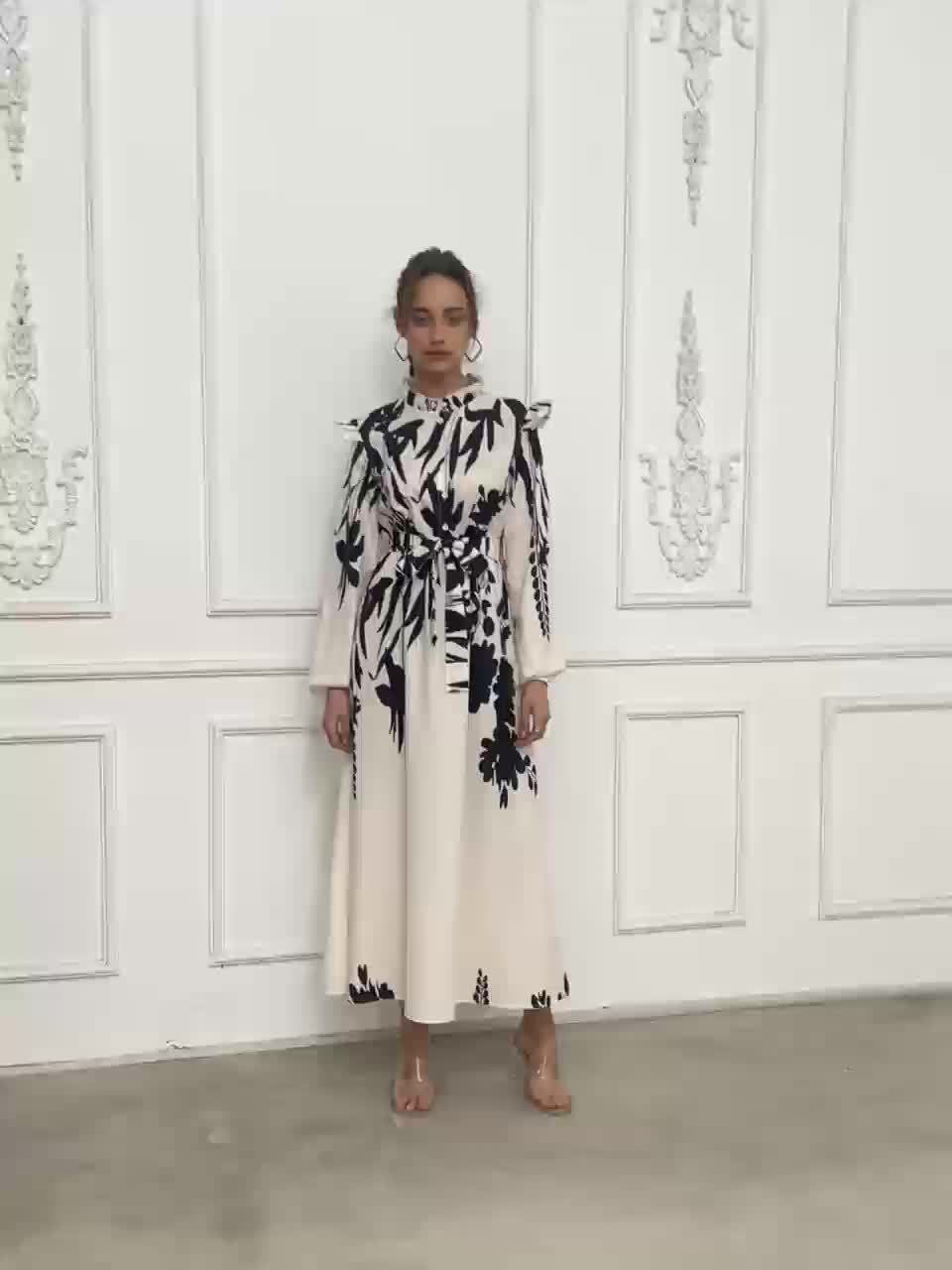 Women's Floral Print A-Line Dress with Puff Sleeves & Cinched Waist - Semi-Sheer Long Dress, Black & Floral Pattern, Stand-Up Collar, Machine Washable for Spring/Fall, Elegant Office to Party Wear, Floral Print Dress, Spring