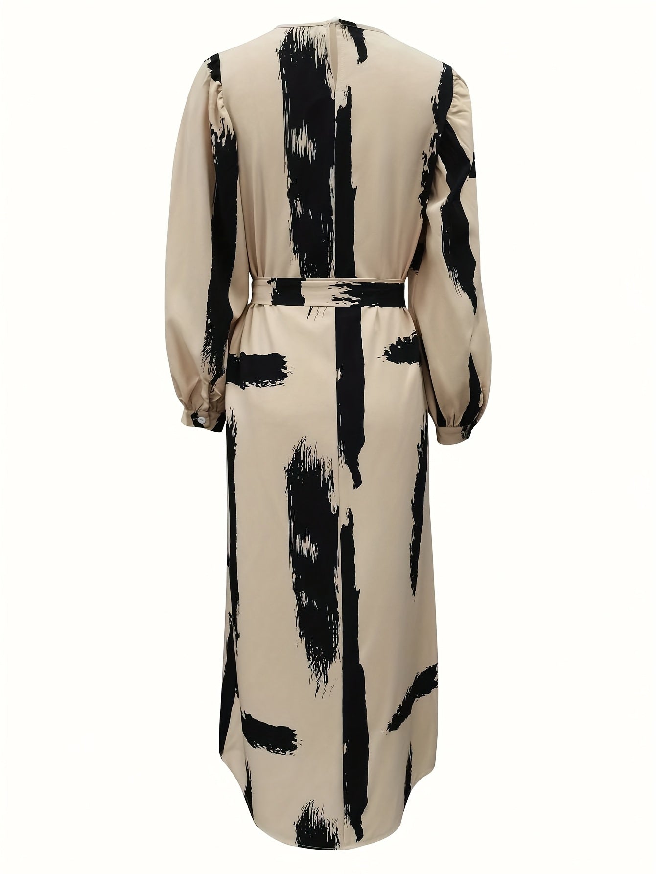 Women's Middle Eastern-Inspired Abaya Robe with Adjustable Waist Belt - Long Sleeve Full-Body Print, Machine Washable Lightweight Fabric, Beige & Black All-Season Modest Cover Dress, Modest Apparel, Flowy Silhouette
