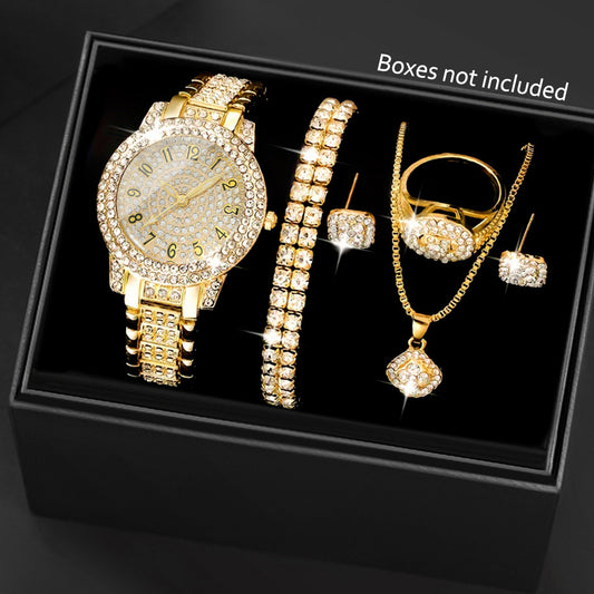 1 Round Elegant Business Casual Quartz Watch and 6 Jewelry Pieces - Perfect for Casual Attire and Gift Occasions, Birthday Gifts and Holiday Parties, Ideal for Women, Ladies, Family, Friends, Spouse, Mother