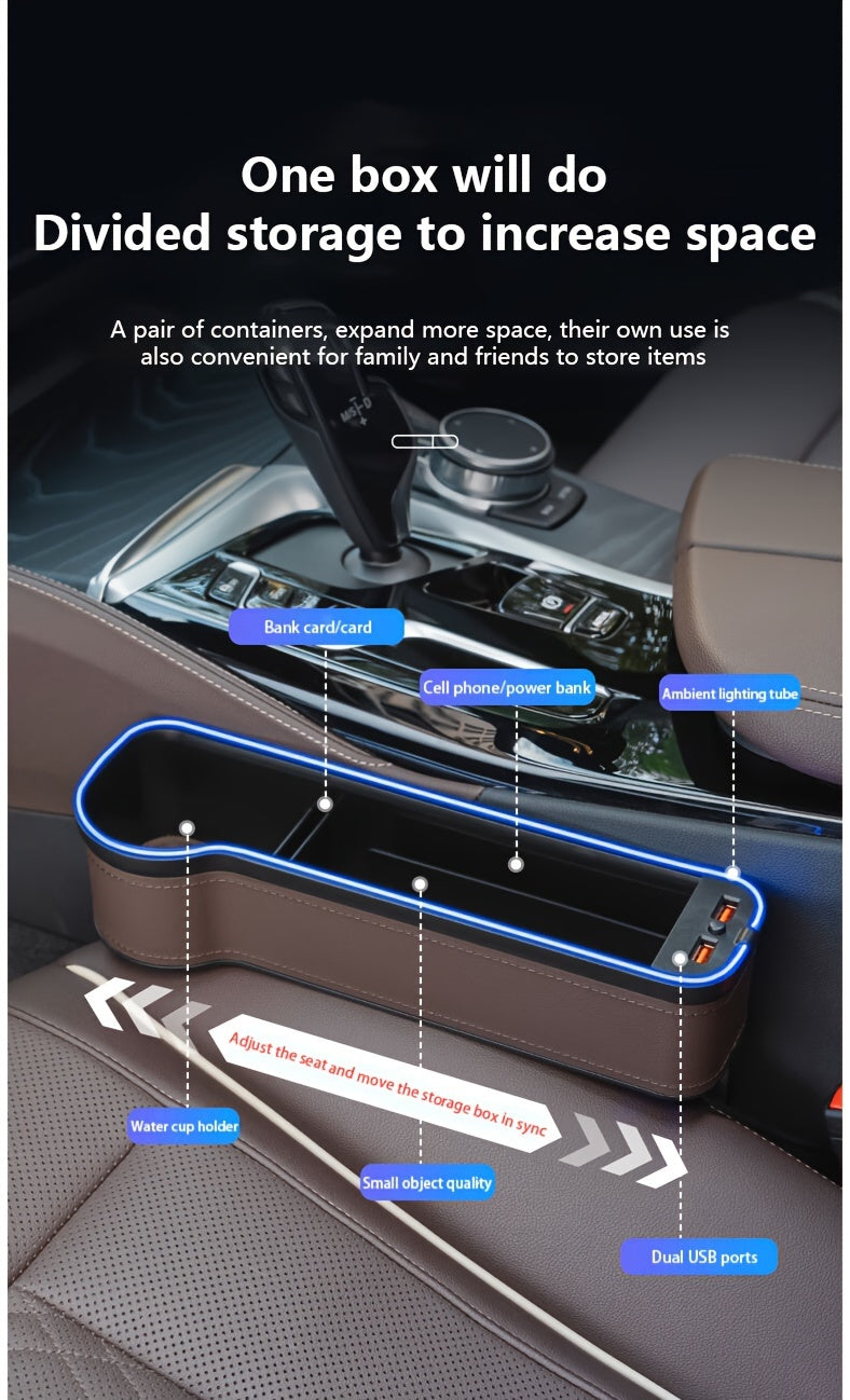 Car Seat Slot Storage Box, ABS Resin, with Mobile Phone Holder, Charger, Ambient Lighting, Center Control Armrest, for Car Interior