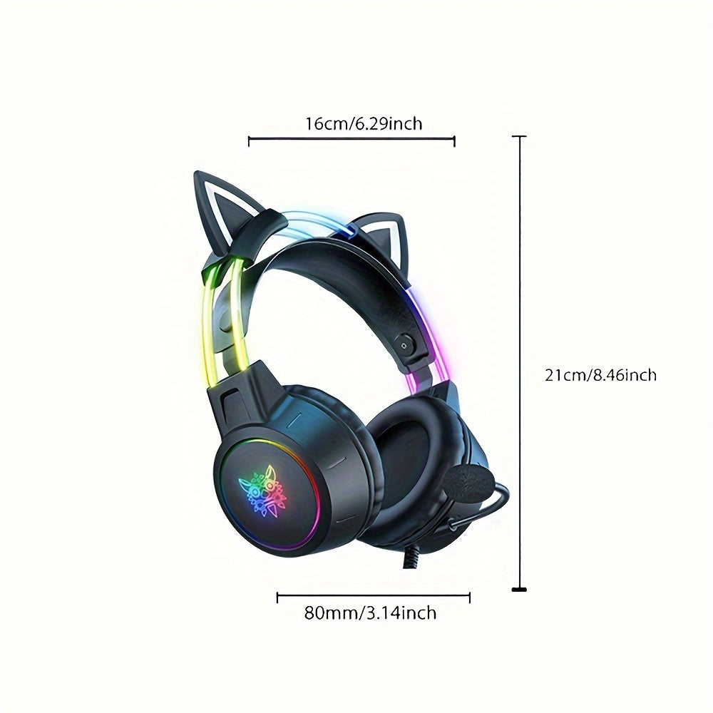 1pc ONIKUMA Wired Gaming Headset with Dynamic RGB Lighting, Detachable Cat Ear Design, 3.5mm Jack, Surround Sound, Mic Function - No Battery Required