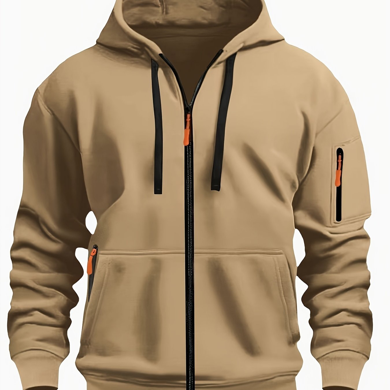 Men's Sporty Zip-Up Hoodie Jacket - Vibrant Orange with Black Zipper Accents, Polyester-Lined Comfort, Machine Washable Regular Fit for Autumn Winter Casual Outdoor Wear, Autumn Apparel