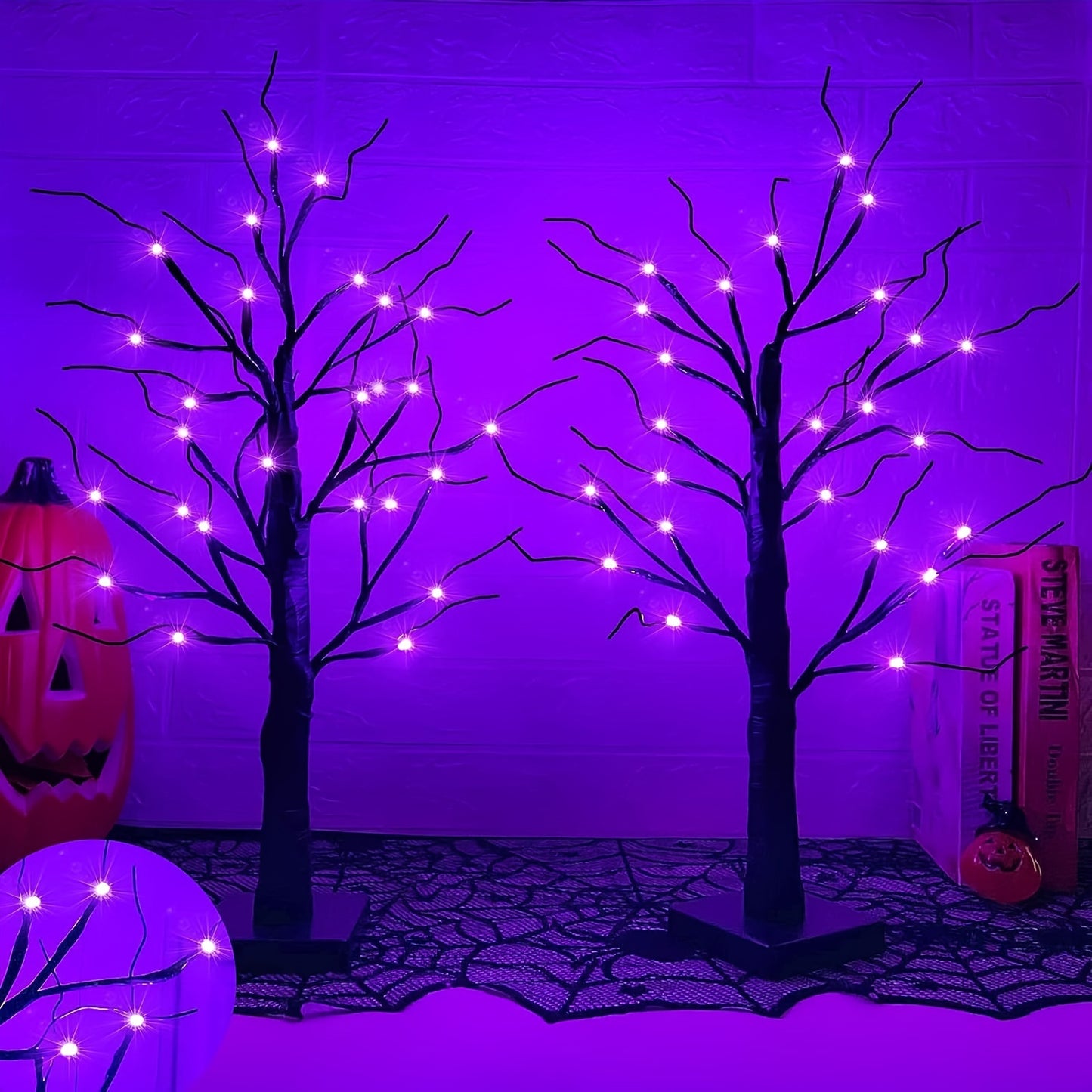 1pc 2FT Orange And Purple Lighting Halloween Decorative Tree Lights With Timer 24 LED Branch Tree Lights In Total, USB And Battery Powered, Artificial Black Desktop Ghost Tree Lights, Indoor Home Party Decoration