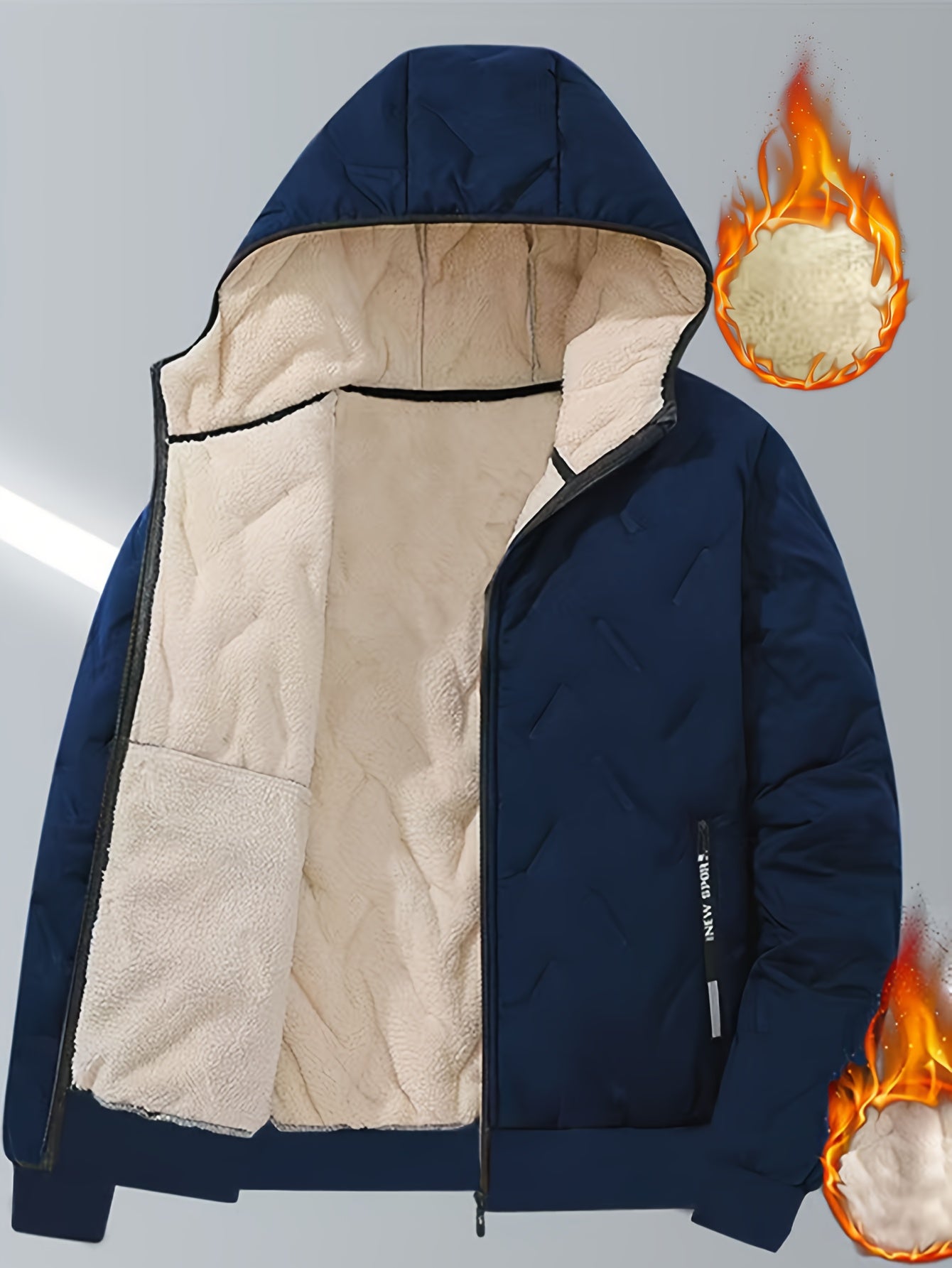 Men'S Winter Warm Fleece-Lined Zip-Up Hooded Jacket with Pockets - Navy Blue & Beige Color Block, Comfortable Polyester Fabric, Ideal for Outdoor Activities, Running, and Casual Wear, Winter Jacket