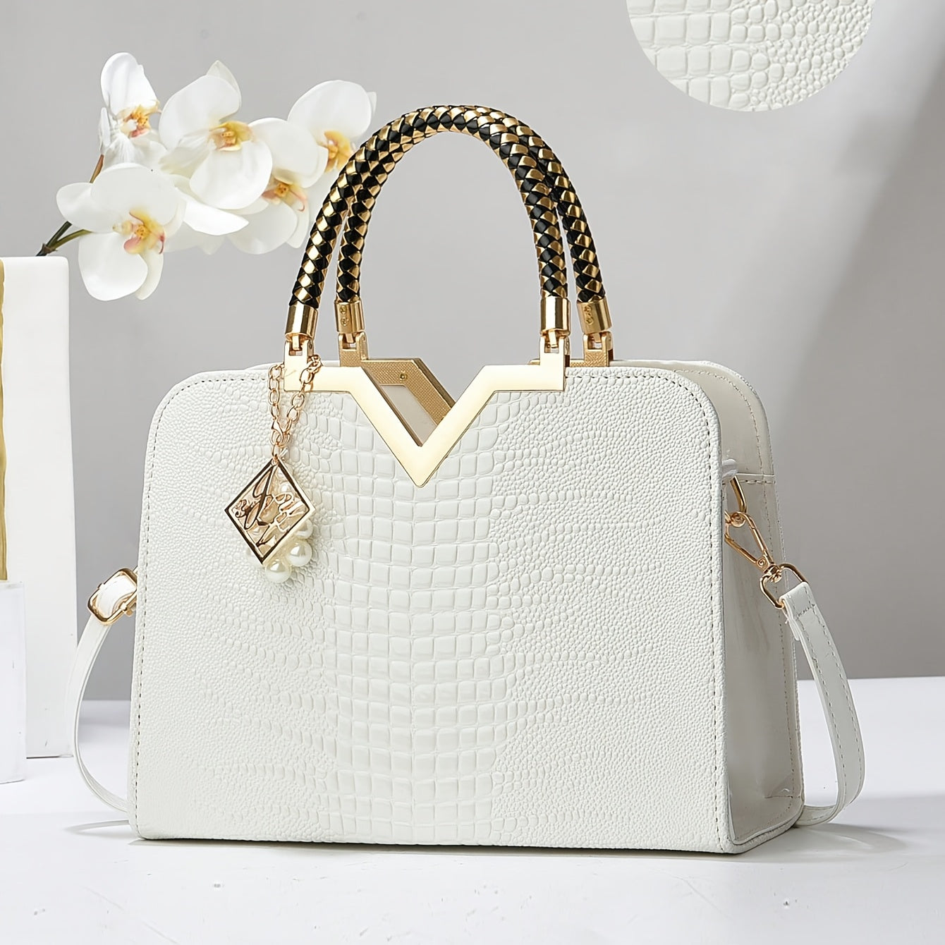 Elegant Crocodile Pattern Handbag for Women - Versatile Large Capacity Shoulder & Handbag, Glossy White Finish with Golden Accents, Perfect for Work, Date Night, Or Casual Outings, Commuter Handbag | Vneck Tote | Zipper Closu