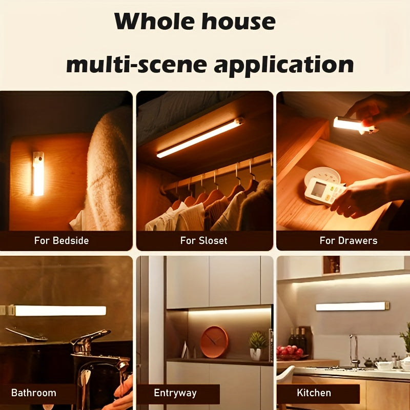 Smart Switch LED Light Human Motion Sensor Long Strip Wireless Magnetic Self-Adhesive Wardrobe Light with Charging Cabinet Light Bar for Countertop Closet Lighting, Rechargeable Kitchen Night Light Battery Powered Lamp for Wa