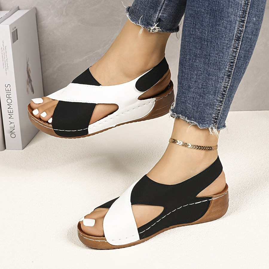 Women'S Color-Block Wedge Sandals - Open-Toe Summer Beach Shoes with Adjustable Hook-and-Loop Straps, Comfortable PU Upper & Cushioned Insole for Outdoor Wear, Strappy Sandals, Beach Footwear, Stylish Wedge Design, Durable Tr