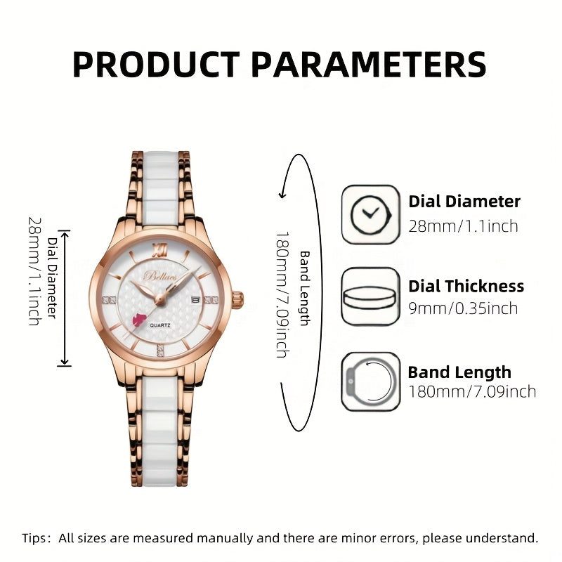 Luxury Ceramic Women's Watch with Rose Golden Case & White Dial - Quartz Movement, Date Display, Heart Accents - Elegant Valentine's Day Gift for Her, Date Feature Watch | Heart Motif Watch | Ceramic Strap Watch