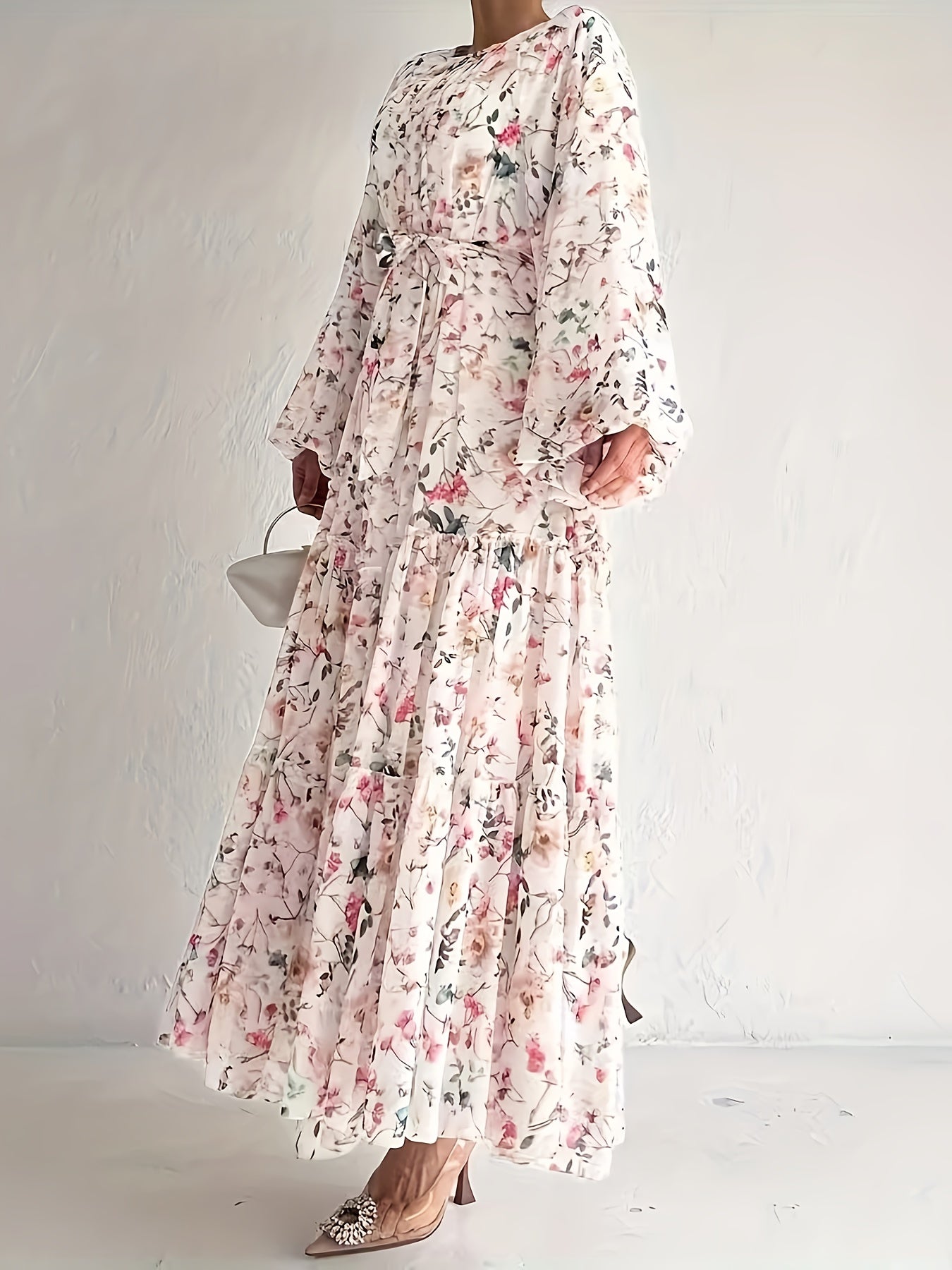 1pc Elegant Floral Print Long Dress for Women, Polyester Peplum with Belt Detail, Crew Neck, Spring/Summer Collection, Woven Fabric