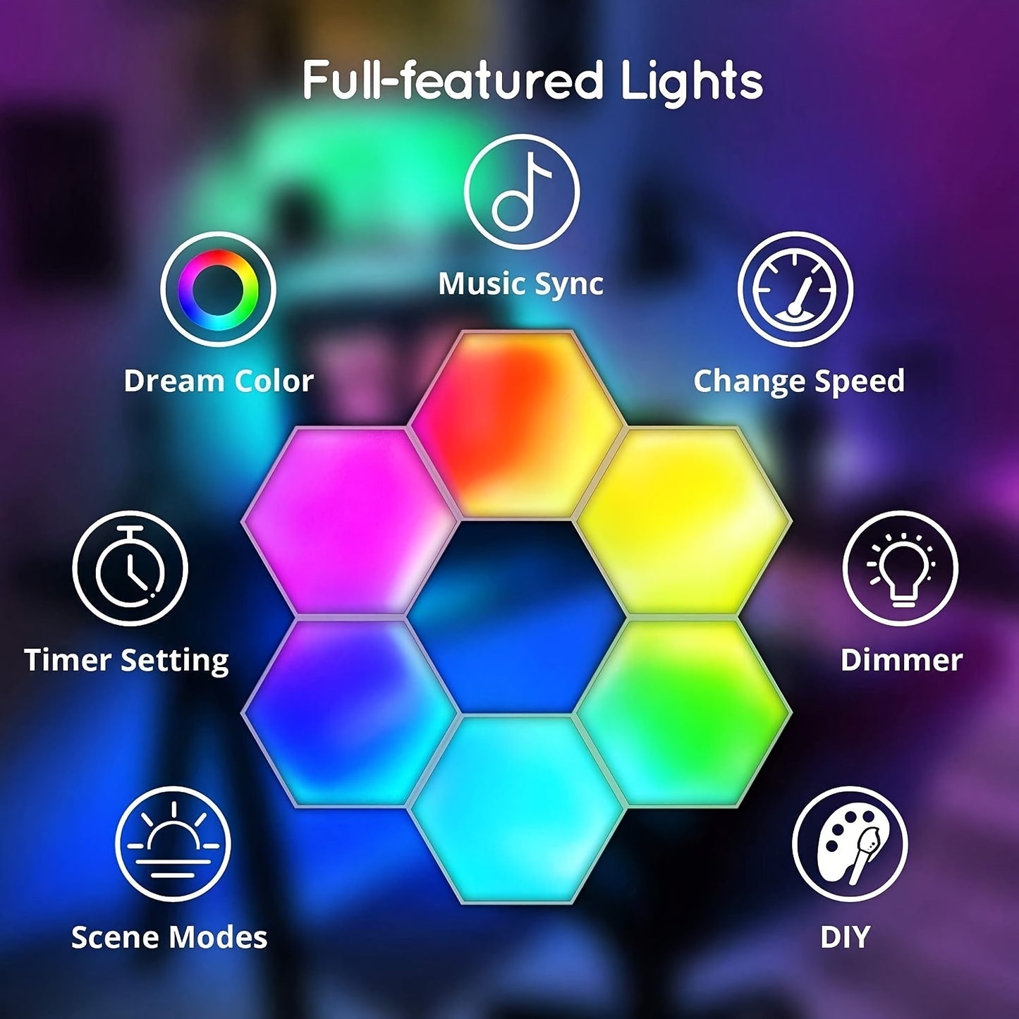 AmbiSync HexaGlow 10pc LED Wall Lights: USB-Powered, 16 Colors, App & Music Control, Remote, Modern Decor Lighting