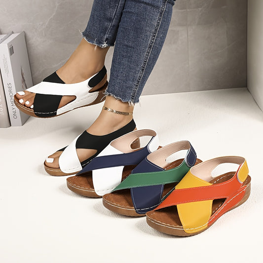 Women'S Color-Block Wedge Sandals - Open-Toe Summer Beach Shoes with Adjustable Hook-and-Loop Straps, Comfortable PU Upper & Cushioned Insole for Outdoor Wear, Strappy Sandals, Beach Footwear, Stylish Wedge Design, Durable Tr