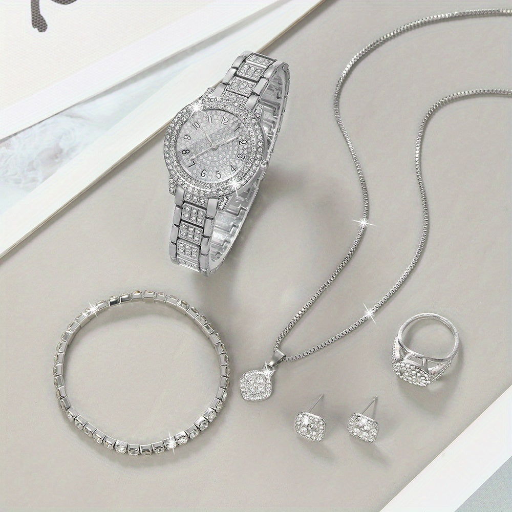 1 Round Elegant Business Casual Quartz Watch and 6 Jewelry Pieces - Perfect for Casual Attire and Gift Occasions, Birthday Gifts and Holiday Parties, Ideal for Women, Ladies, Family, Friends, Spouse, Mother