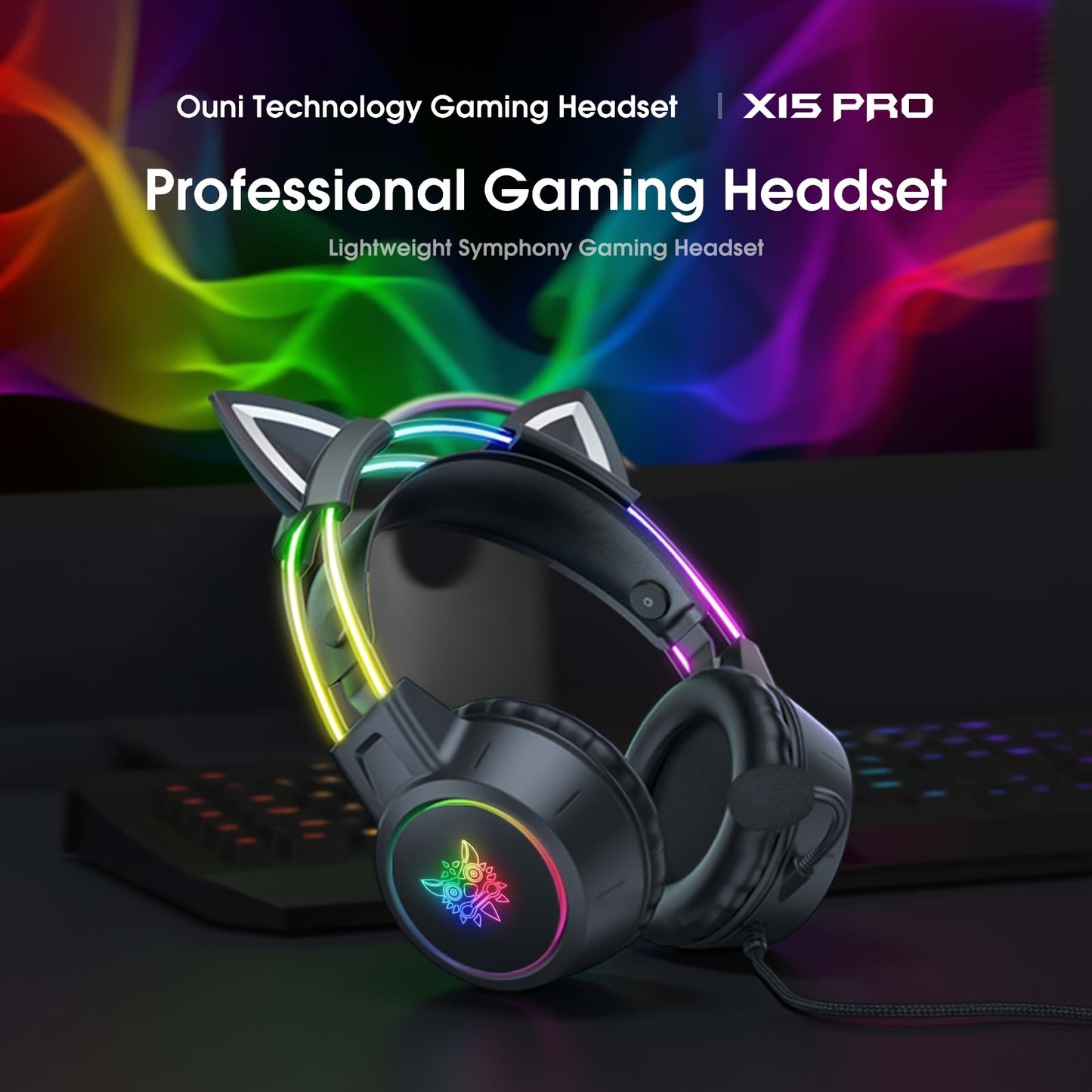 1pc ONIKUMA Wired Gaming Headset with Dynamic RGB Lighting, Detachable Cat Ear Design, 3.5mm Jack, Surround Sound, Mic Function - No Battery Required