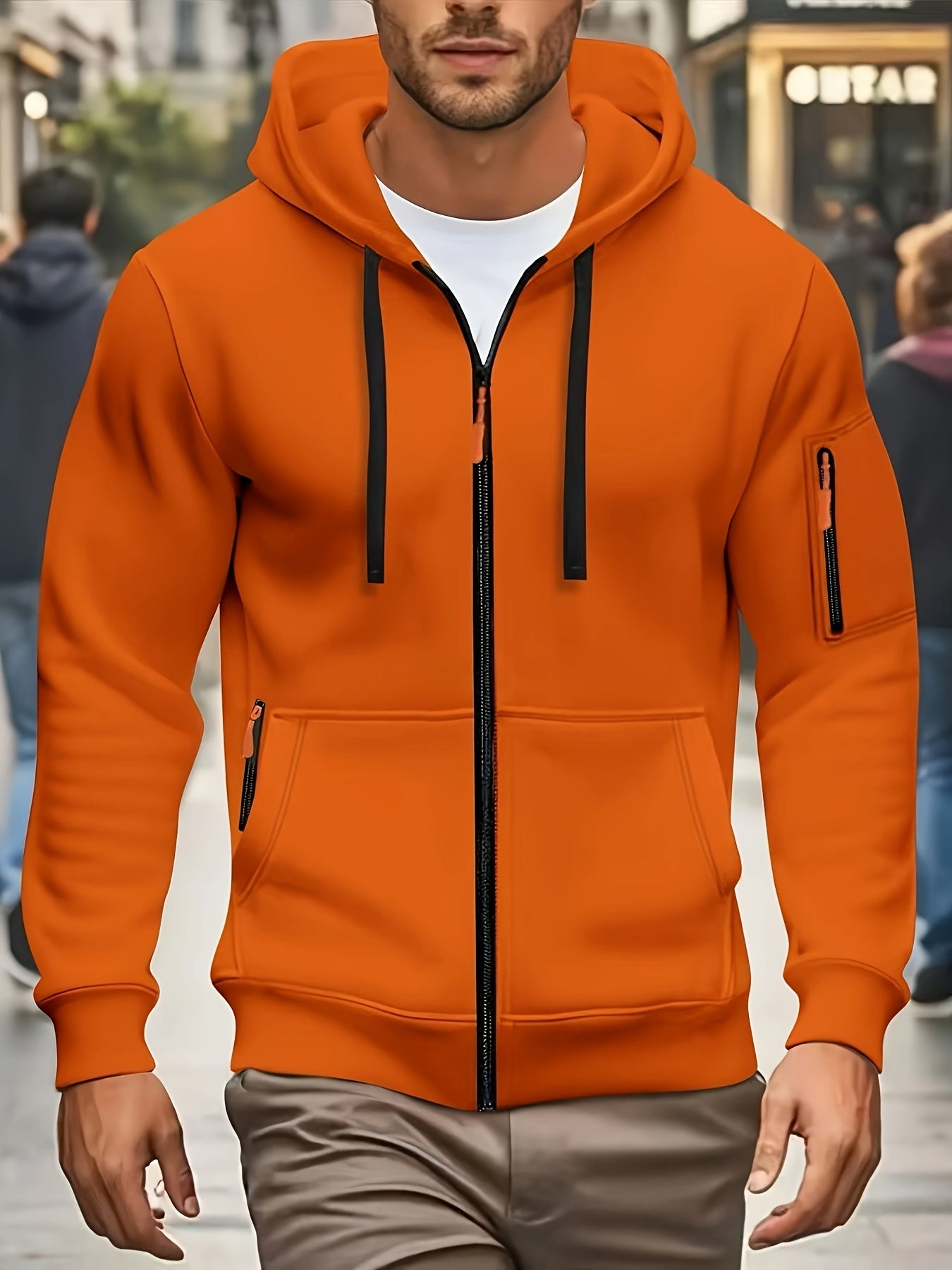 Men's Sporty Zip-Up Hoodie Jacket - Vibrant Orange with Black Zipper Accents, Polyester-Lined Comfort, Machine Washable Regular Fit for Autumn Winter Casual Outdoor Wear, Autumn Apparel
