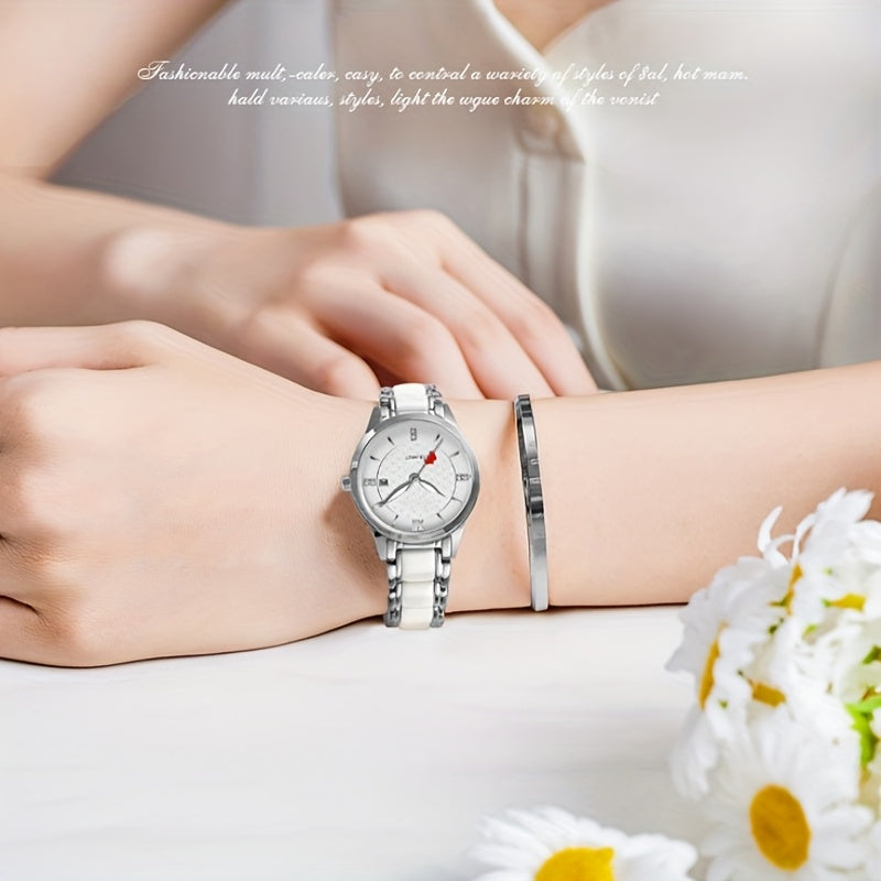 Luxury Ceramic Women's Watch with Rose Golden Case & White Dial - Quartz Movement, Date Display, Heart Accents - Elegant Valentine's Day Gift for Her, Date Feature Watch | Heart Motif Watch | Ceramic Strap Watch
