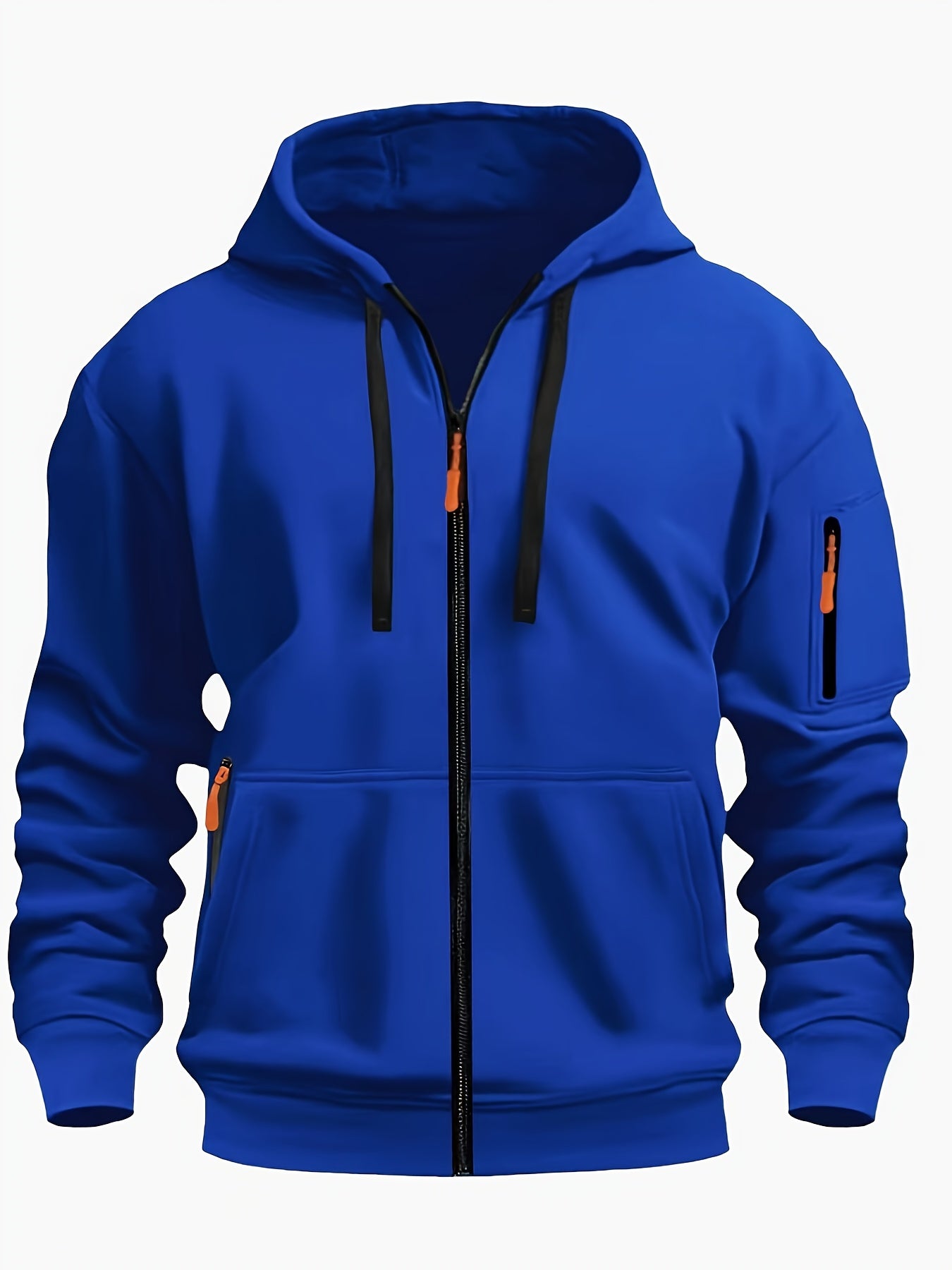 Men's Sporty Zip-Up Hoodie Jacket - Vibrant Orange with Black Zipper Accents, Polyester-Lined Comfort, Machine Washable Regular Fit for Autumn Winter Casual Outdoor Wear, Autumn Apparel