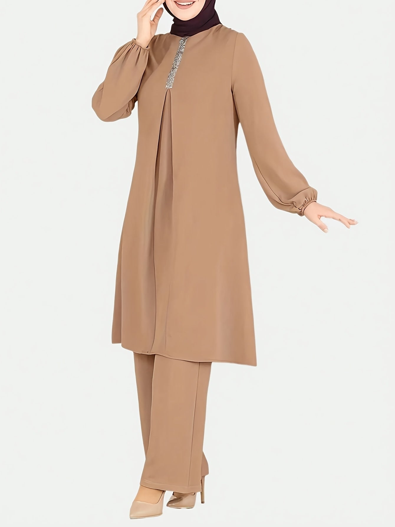 Two-Piece Set for Women Featuring a Simple Round Neck Shirt And Loose Long Pants (Headscarf Not Included).