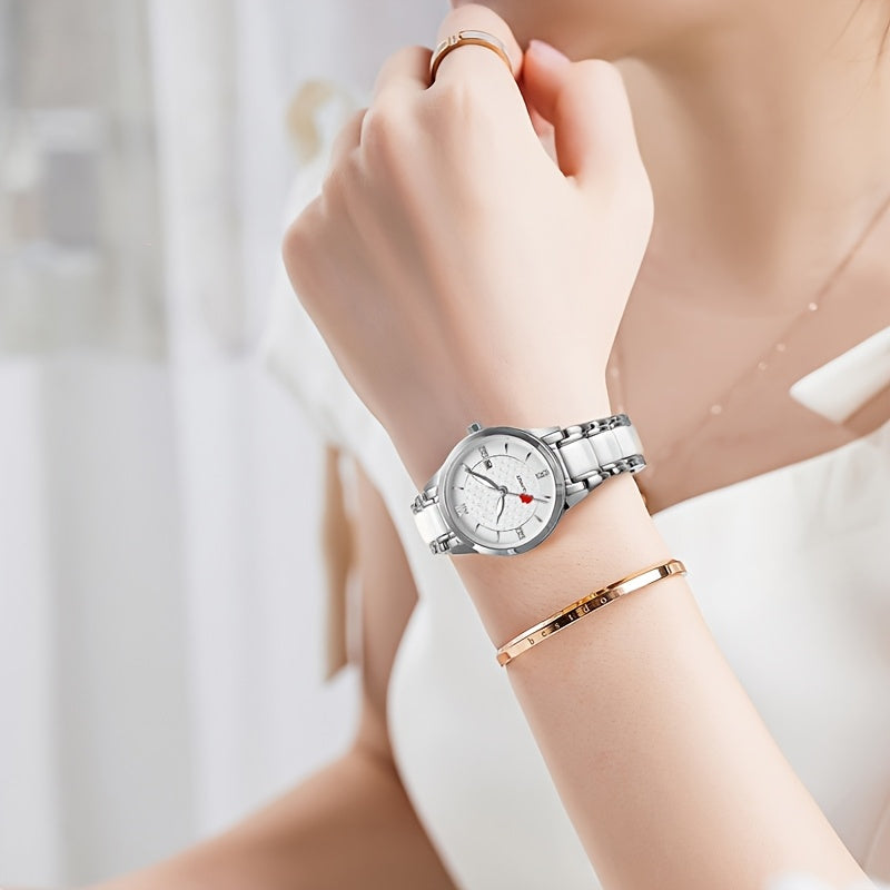 Luxury Ceramic Women's Watch with Rose Golden Case & White Dial - Quartz Movement, Date Display, Heart Accents - Elegant Valentine's Day Gift for Her, Date Feature Watch | Heart Motif Watch | Ceramic Strap Watch