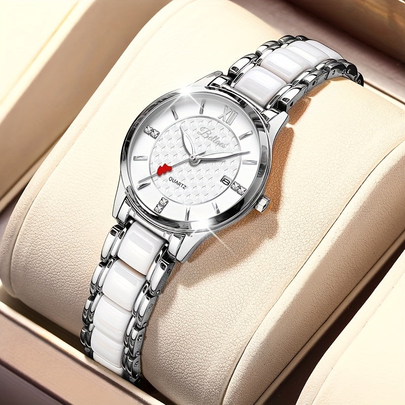 Luxury Ceramic Women's Watch with Rose Golden Case & White Dial - Quartz Movement, Date Display, Heart Accents - Elegant Valentine's Day Gift for Her, Date Feature Watch | Heart Motif Watch | Ceramic Strap Watch
