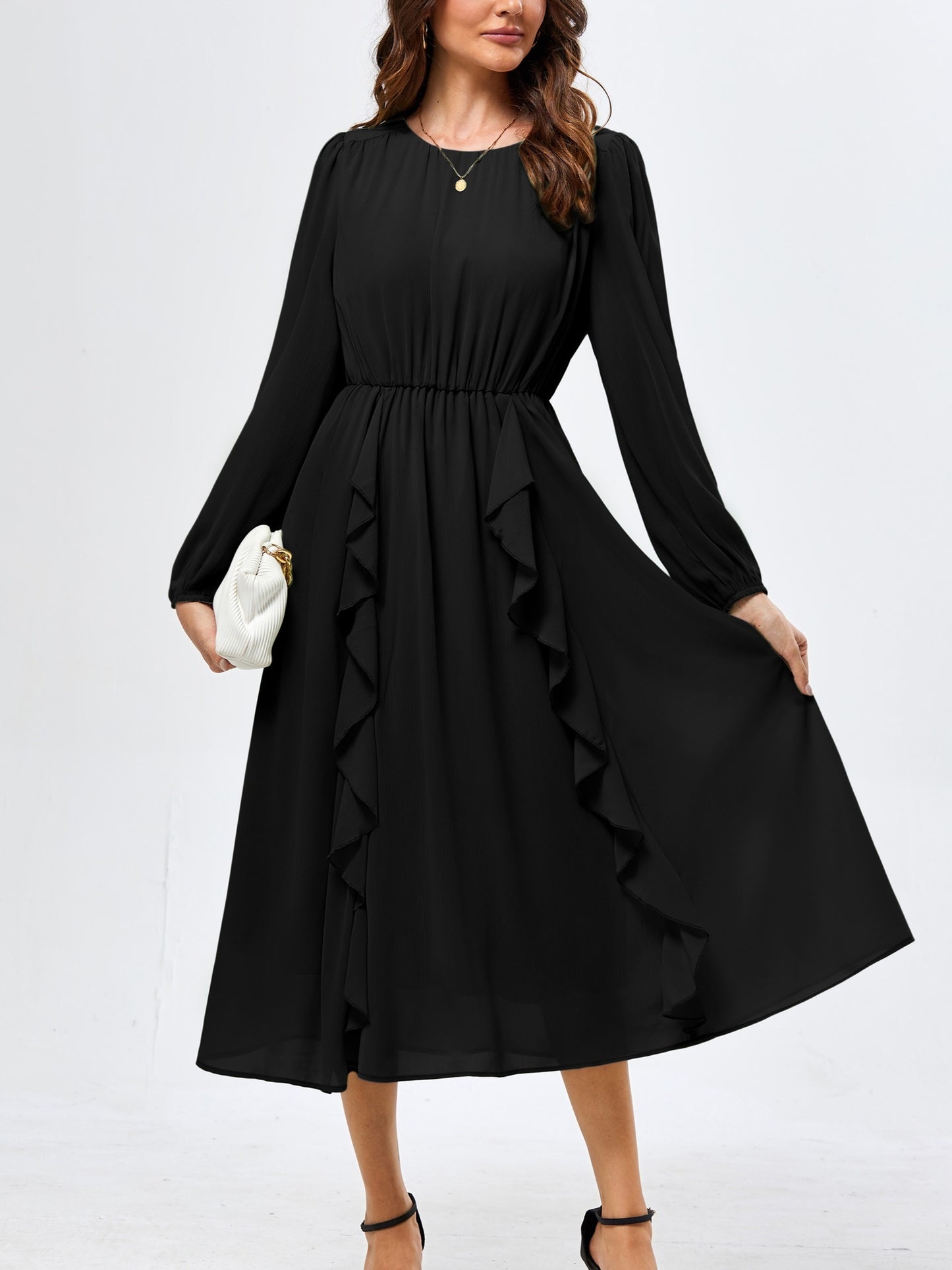 Womens Long Sleeve Wedding Guest Dresses Flowy Chiffon Ruffled A Line Midi Dresses 2024 Fall Casual Long Dress