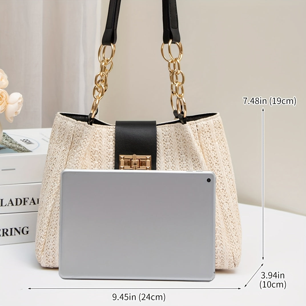 Women'S 2025 New Year Handwoven Straw Tote Bag - Black Accents, Honeycomb Pattern, Adjustable Shoulder Strap, Kiss Lock Closure, Machine Washable, Beach & Casual Style, Casual Tote Bag|Honeycomb Pattern Bag|Durable Handle Bag