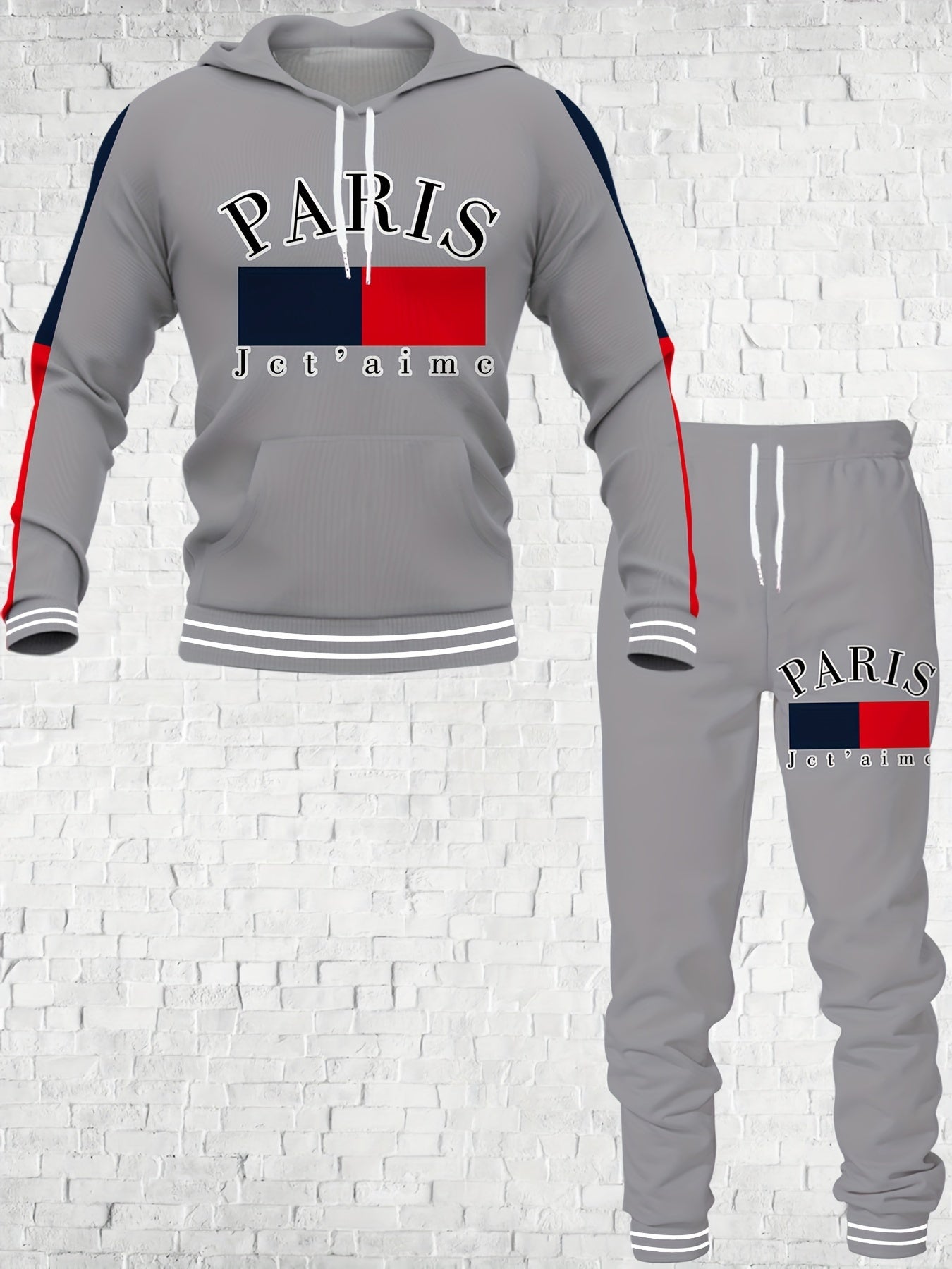 Grey full body printed pullover hoodie+casual pants for men and women couple set with letter and color stripe design digital printing long sleeved hooded sweatshirt casual pants Men's set 2pcs factory direct sales