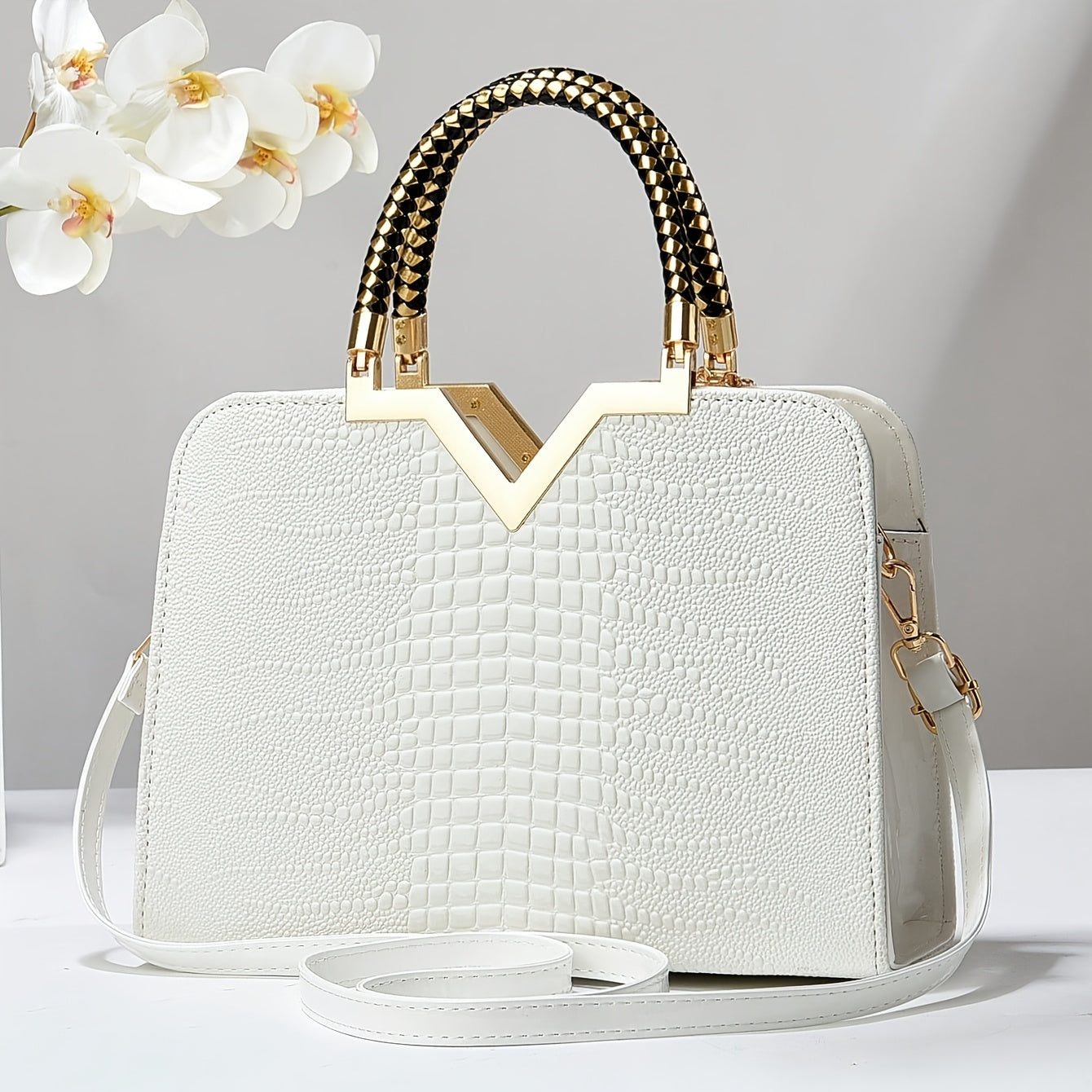Elegant Crocodile Pattern Handbag for Women - Versatile Large Capacity Shoulder & Handbag, Glossy White Finish with Golden Accents, Perfect for Work, Date Night, Or Casual Outings, Commuter Handbag | Vneck Tote | Zipper Closu