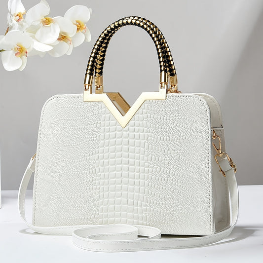 Elegant Crocodile Pattern Handbag for Women - Versatile Large Capacity Shoulder & Handbag, Glossy White Finish with Golden Accents, Perfect for Work, Date Night, Or Casual Outings, Commuter Handbag | Vneck Tote | Zipper Closu