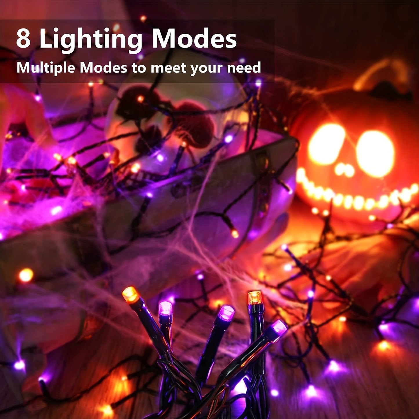 1pc Vibrant Halloween LED String Lights - 300/200/100 LED, 8 Lighting Modes, Waterproof, Connectable, Plug-in, Indoor/Outdoor Mini Lights for Holiday Party Bedroom Decorations (Purple & Orange)