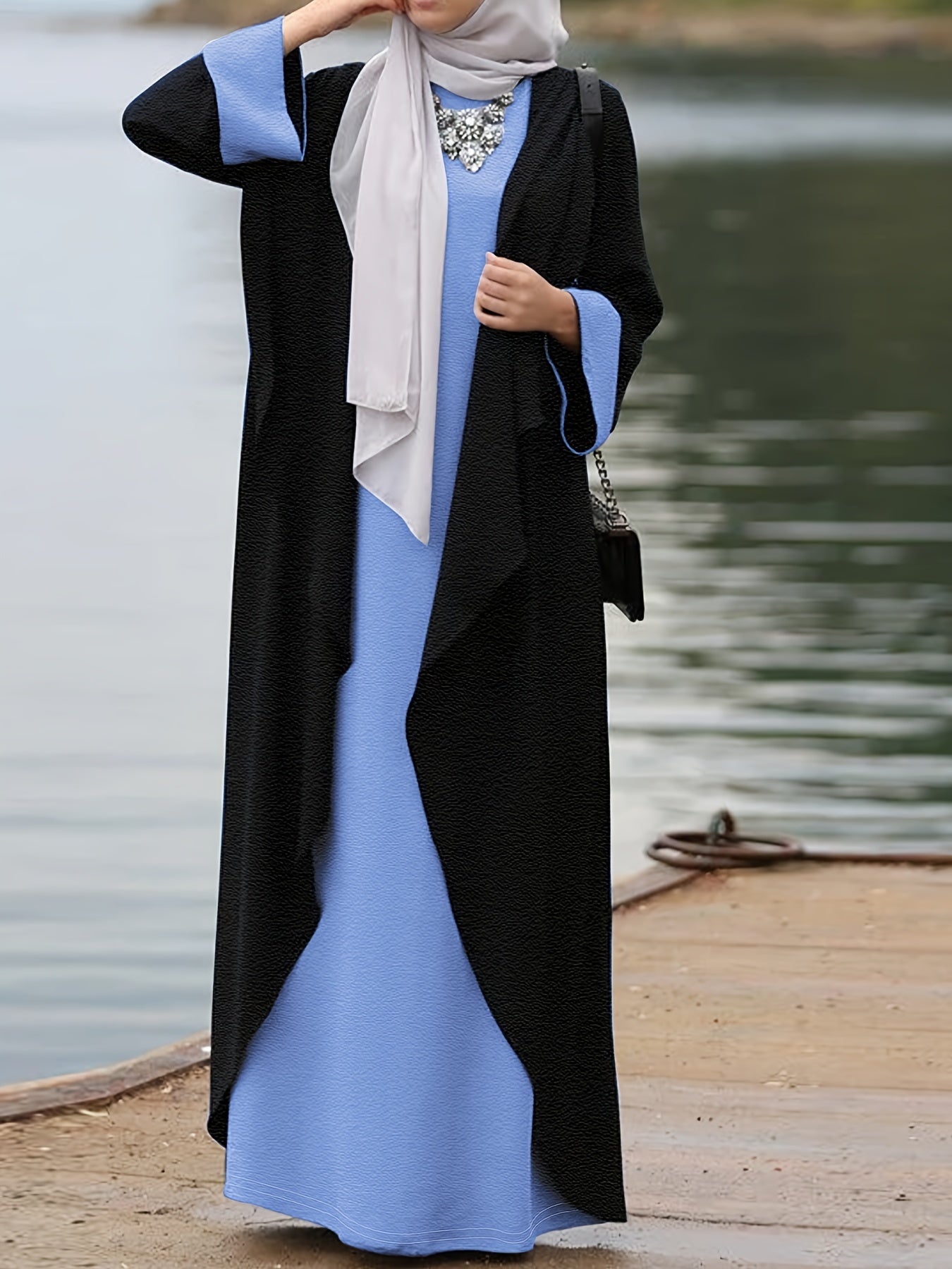 Women's Middle Eastern Muslim Solid Color Long Dress + Robe Jacket Two-Piece Set