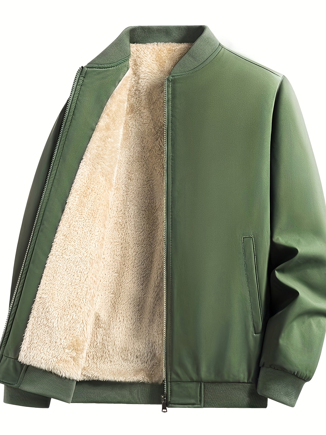 Men's Outdoor Warm Fleece-Lined Thick Casual Business Jacket with Baseball Collar, Solid Color, Machine Washable - Polyester