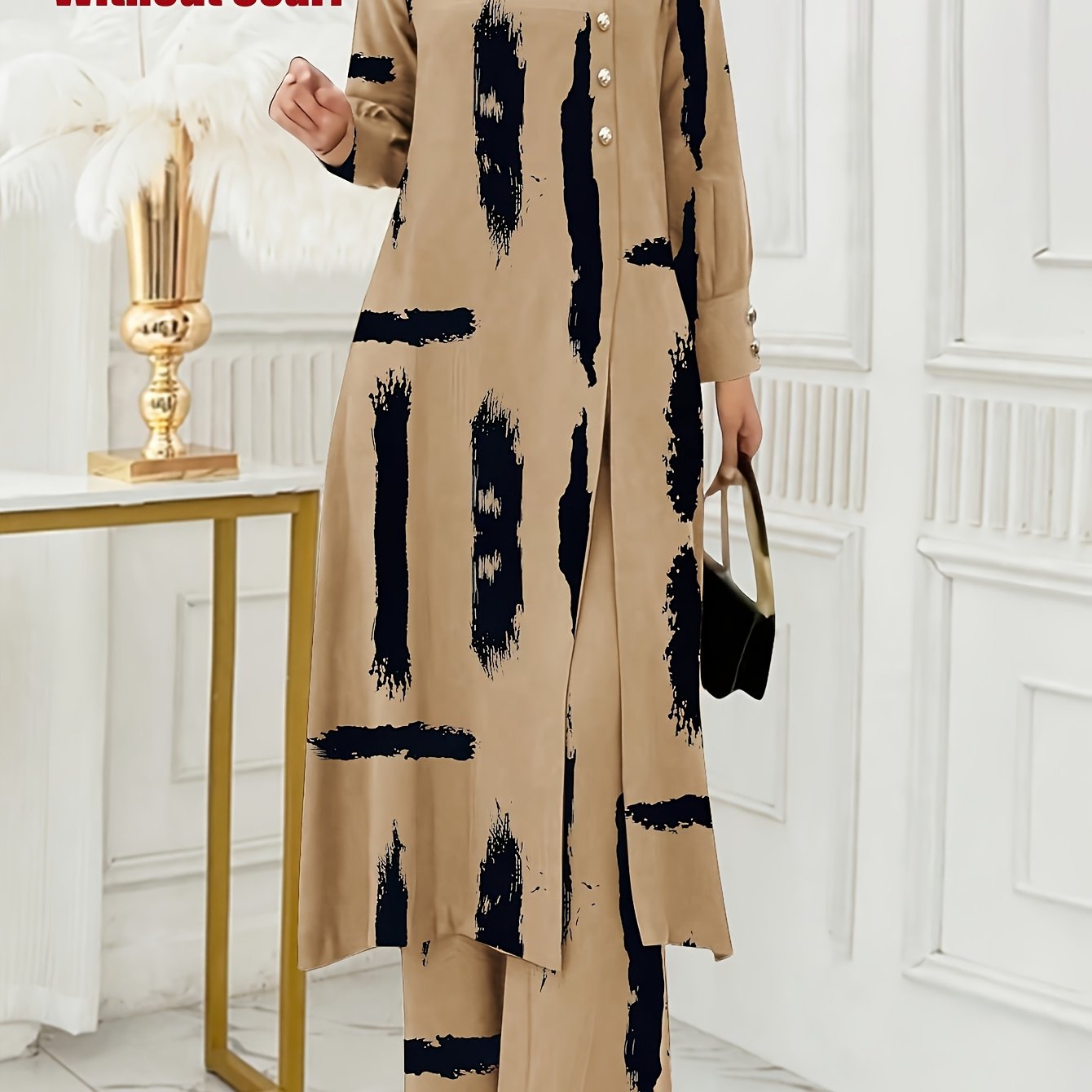 Ramadan, Women Button-Decorated Solid Color Long Sleeve Top & Pants Set, Arabic Style Clothing, Only Clothes, Without Headscarf