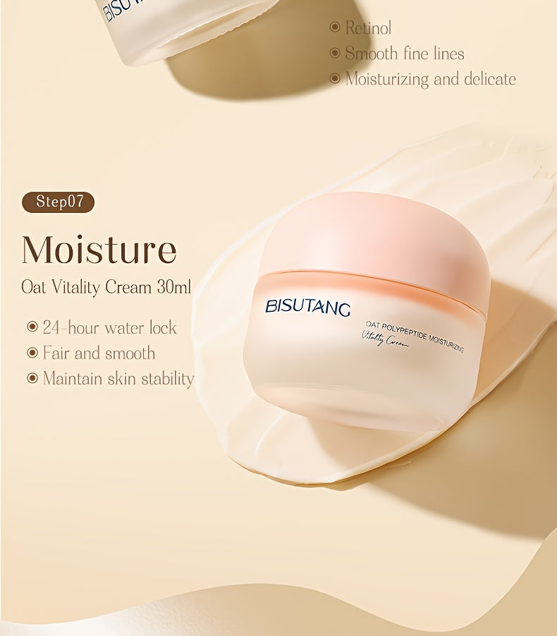 Bisutang Oat Peptide Vitality 7-Piece Skincare Set - Hypoallergenic Face Care Kit with Cleanser, Toner, Serum, Cream, Eye Cream: Nourishing Plant Squalane, Ideal Gift for Women for Mother's Day, Valentine's Day