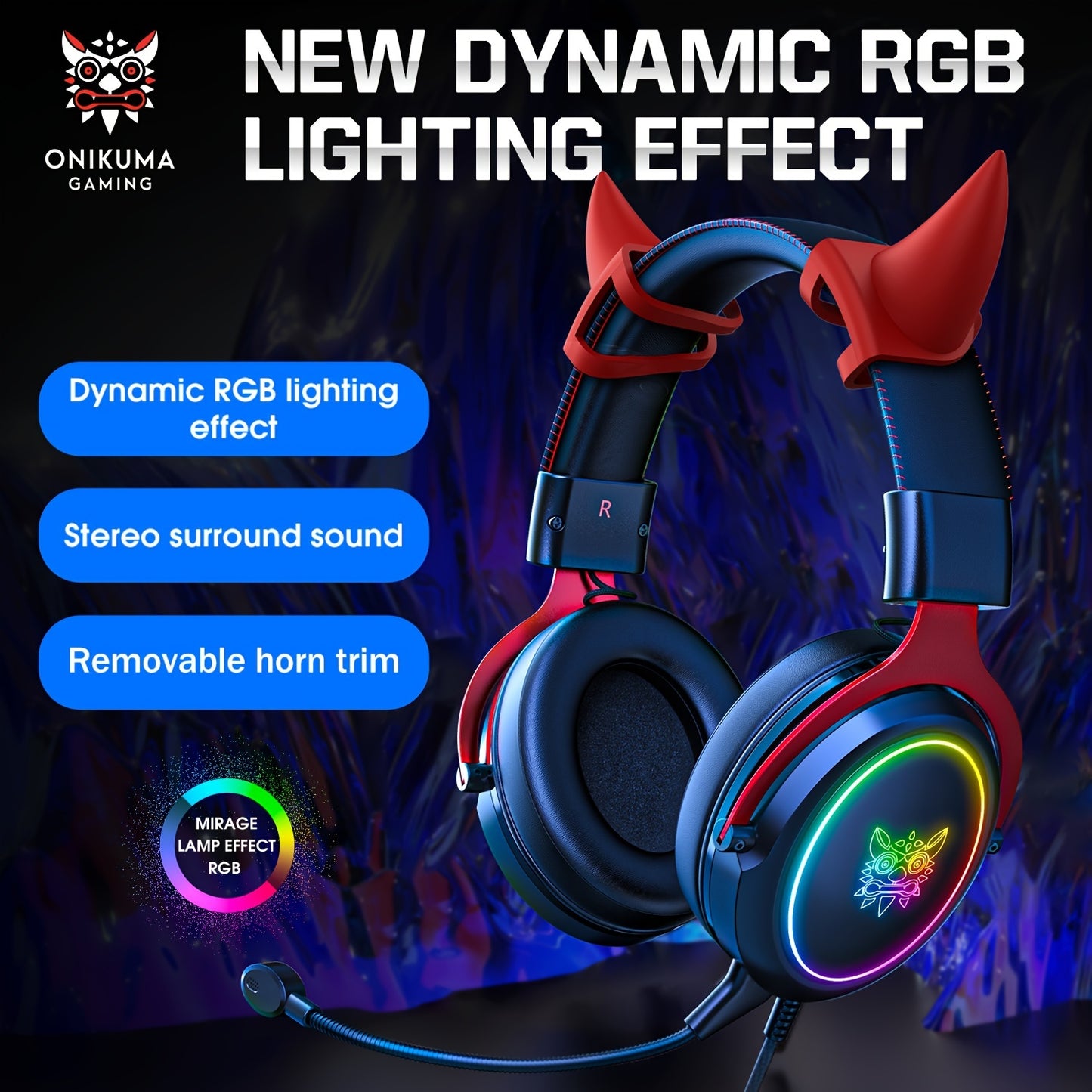 ONIKUMA Gaming Headset with Detachable Little Demon Horns, RGB Lighting, HD Microphone for PC Gaming - Volume Control, 3.5mm Jack