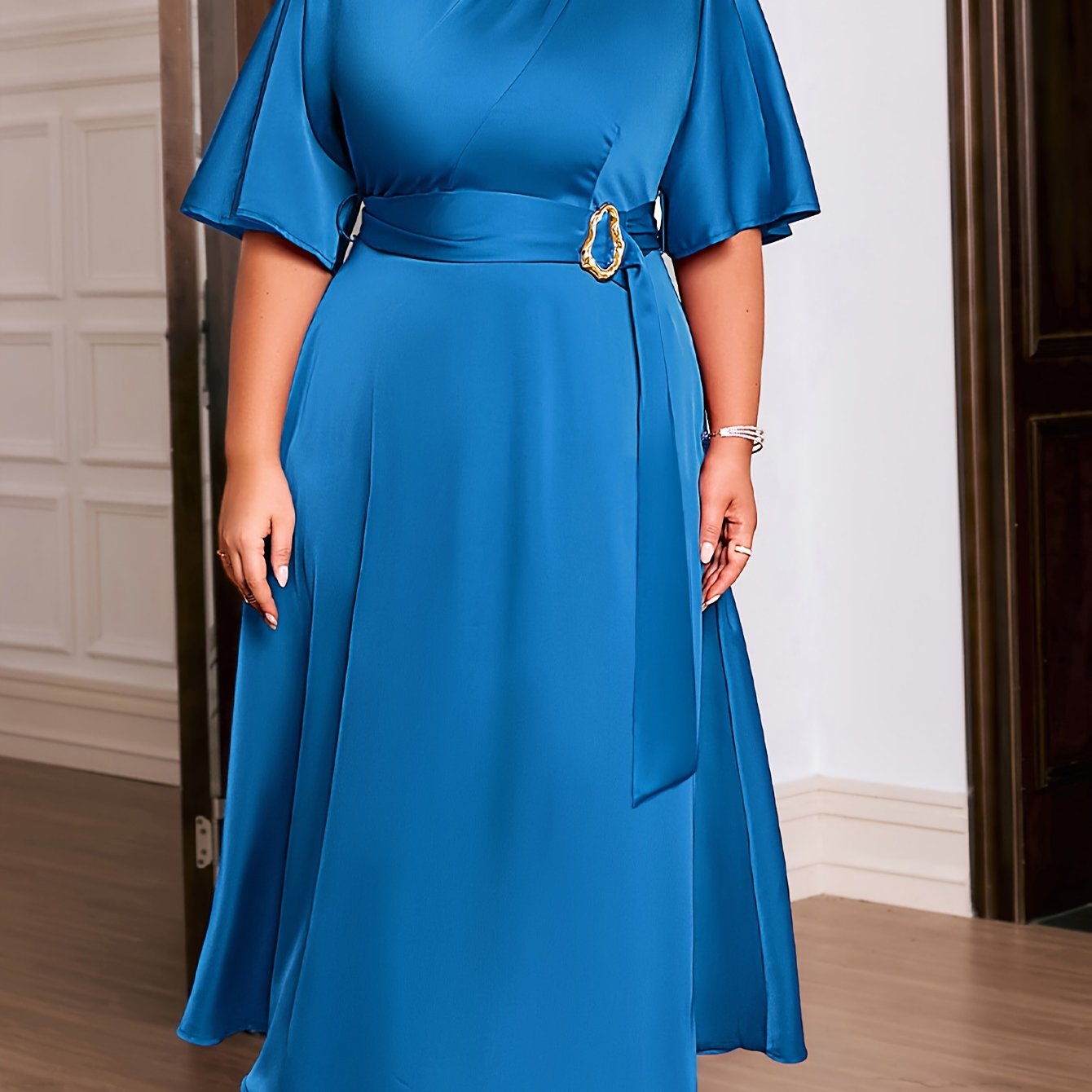 Plus Size Elegant Long Dress, Solid Color Polyester Spandex Blend Crew Neck Short Sleeve Fitted with Belt Detail