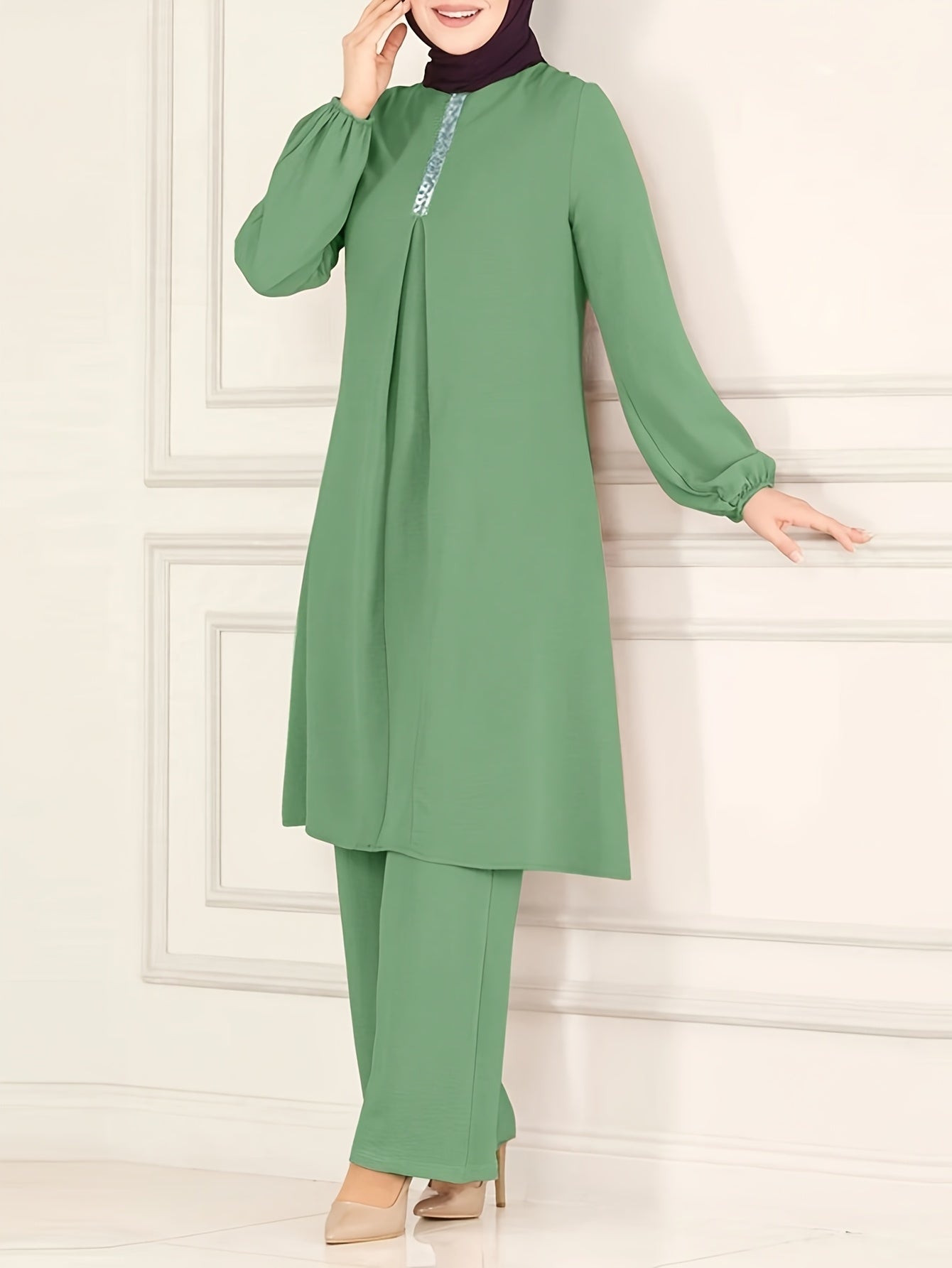Two-Piece Set for Women Featuring a Simple Round Neck Shirt And Loose Long Pants (Headscarf Not Included).