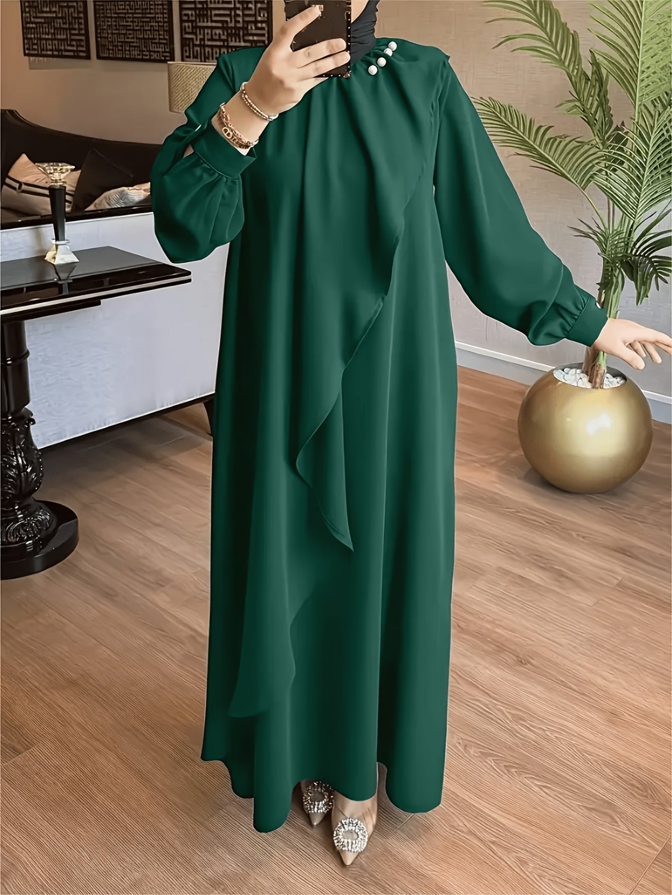Elegant Green Long Skirt Dress for Women - Loose Fit, Round Neck, Lantern Sleeves, Embellished with Pearls, Perfect for Casual or Formal Occasions, Casual Elegant Wear | Embellished Dress | Flowing Skirt