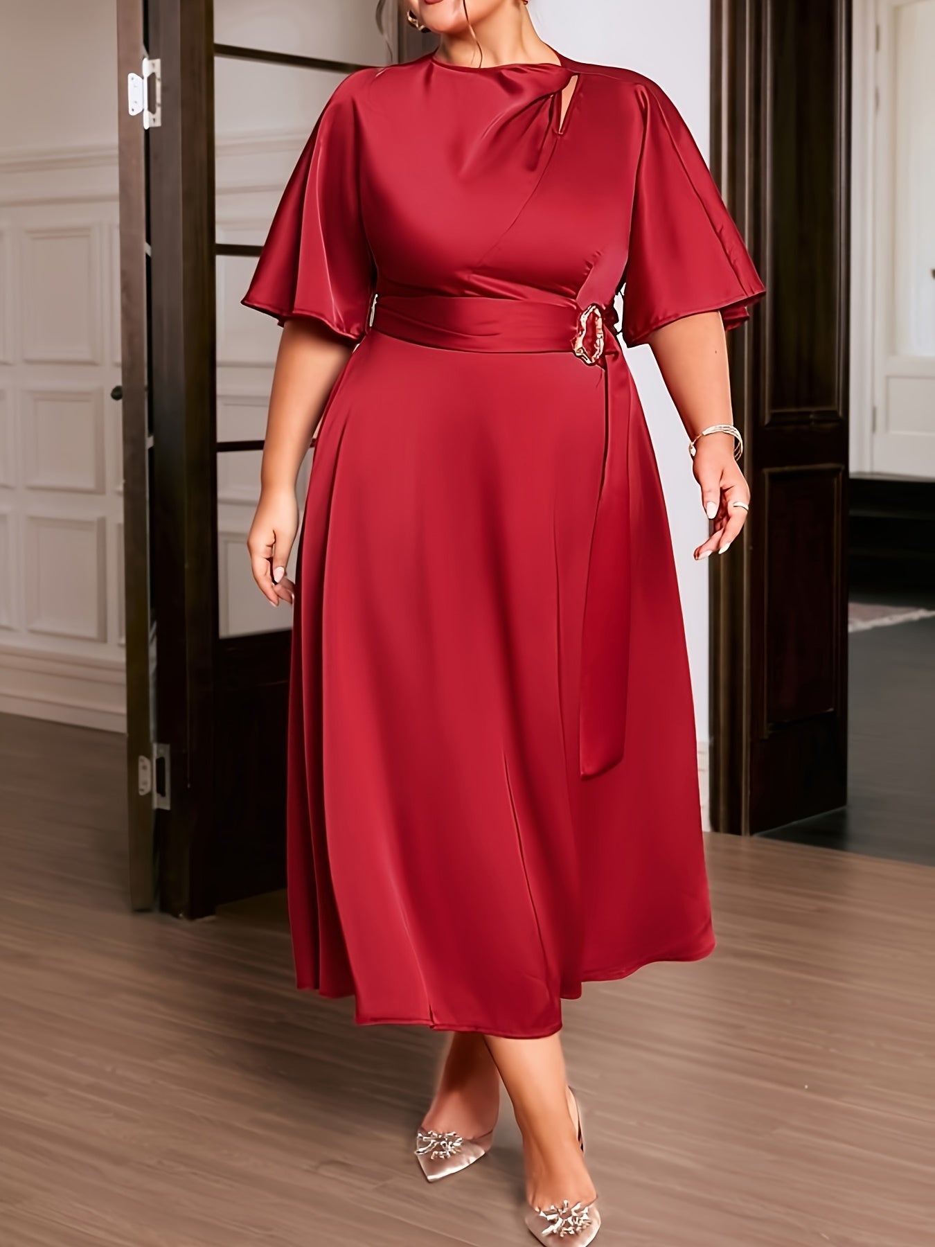 Plus Size Elegant Long Dress, Solid Color Polyester Spandex Blend Crew Neck Short Sleeve Fitted with Belt Detail