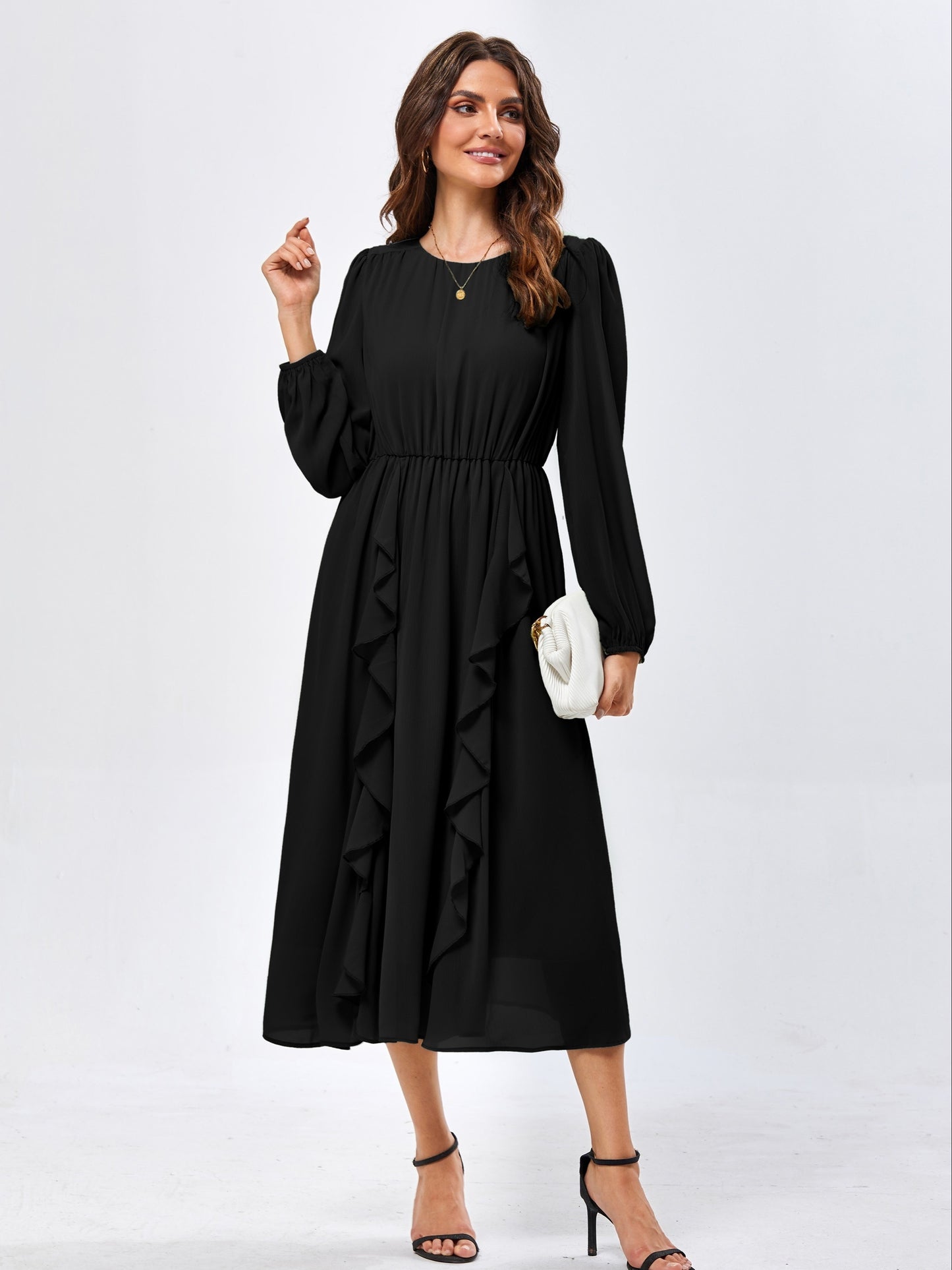 Womens Long Sleeve Wedding Guest Dresses Flowy Chiffon Ruffled A Line Midi Dresses 2024 Fall Casual Long Dress